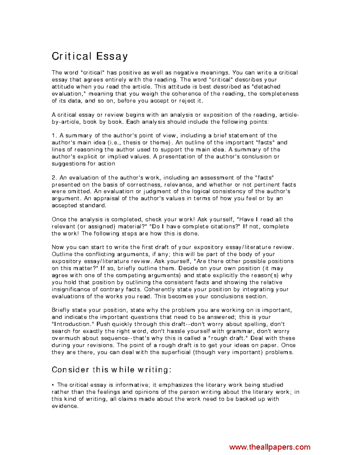 outline of a critical essay