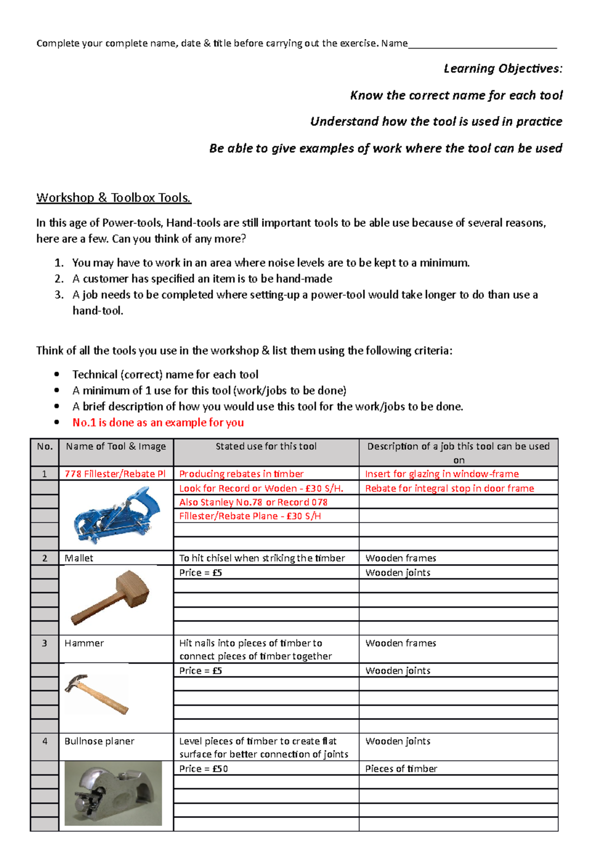List and descriptions of hand tools - Complete your complete name, date ...