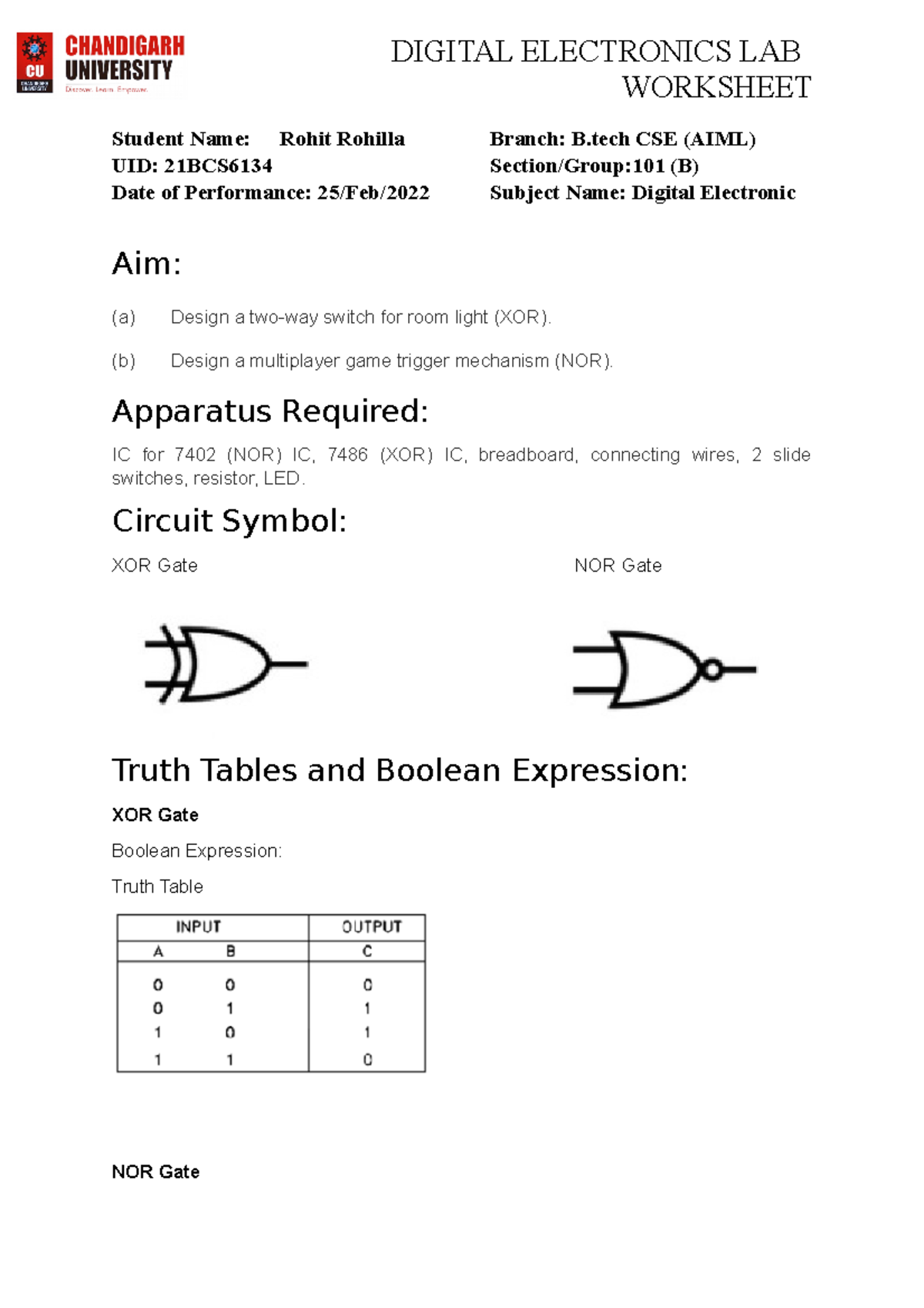 Worksheet Exp 1 DIGITAL ELECTRONICS LAB WORKSHEET Student Name Rohit