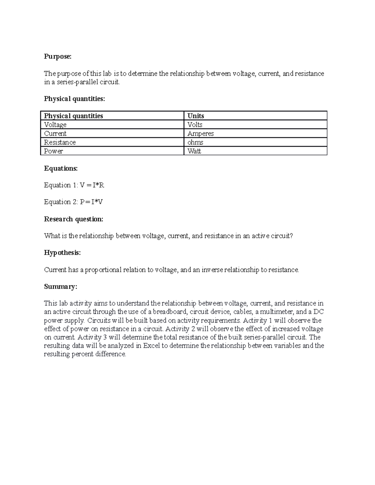 GMU PHYS 246 college physics 2 Ohmslaw prelab Purpose The purpose of this lab is to