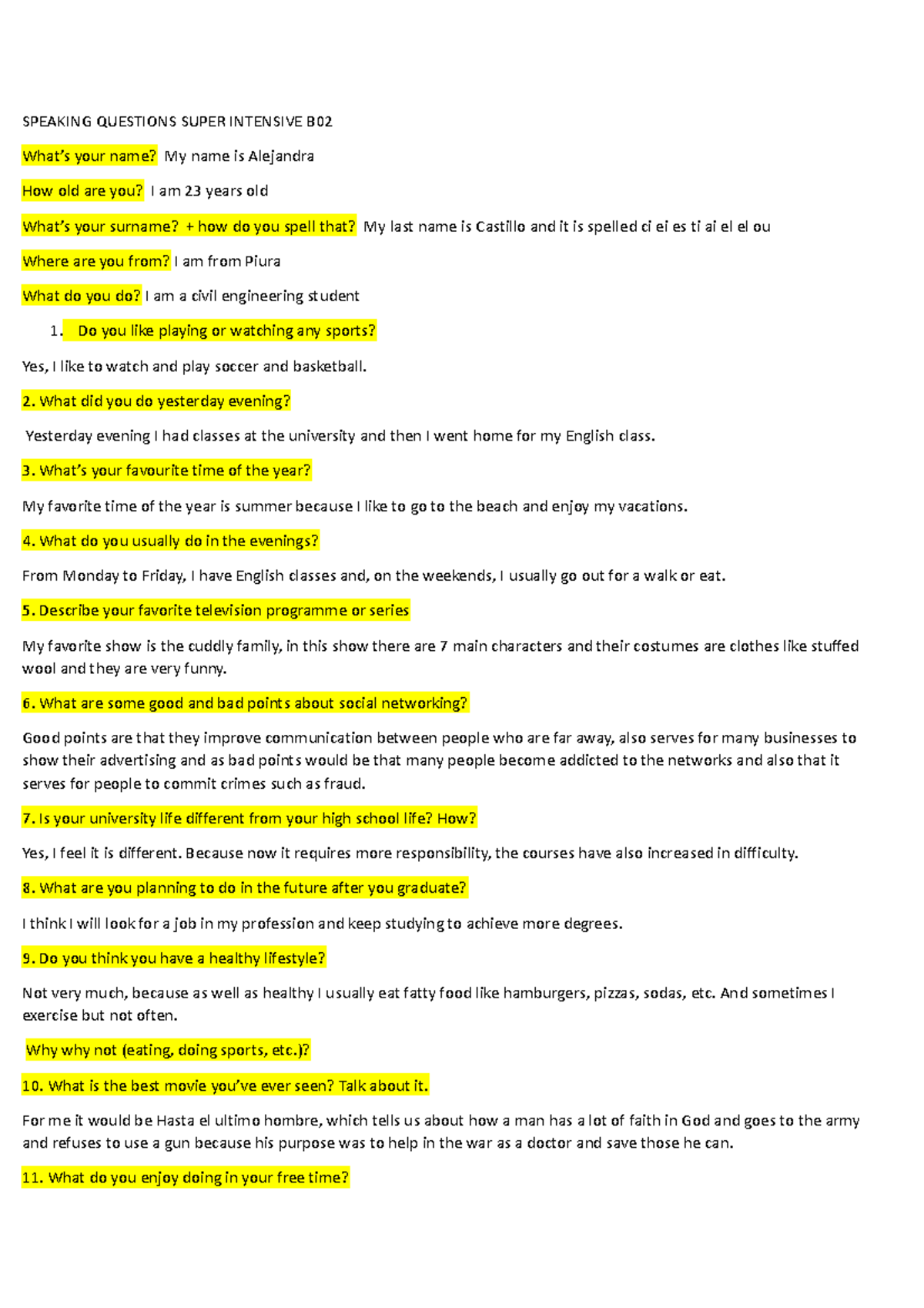 Speaking Questions Super Intensive B02 - SPEAKING QUESTIONS SUPER ...