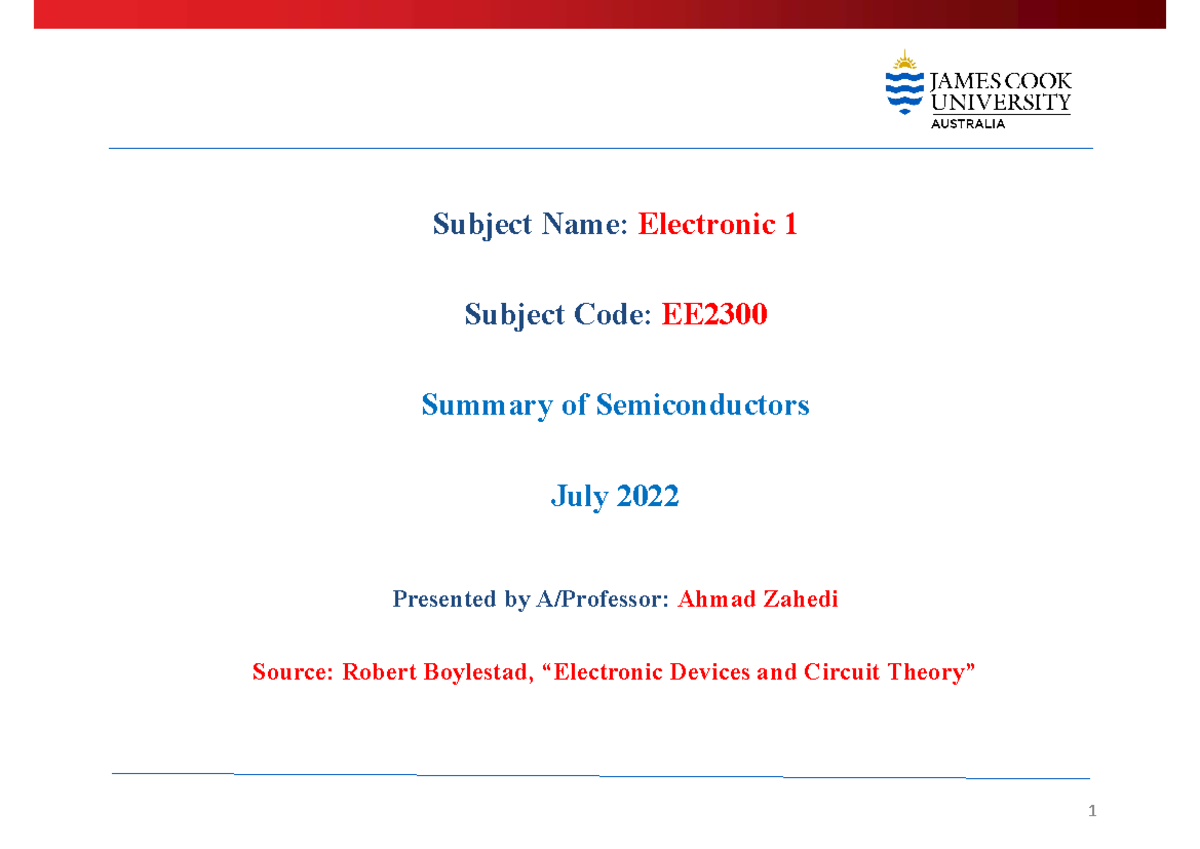 1 EE2300 Summary of Semiconductors AZ SP2 2022 Subject Name