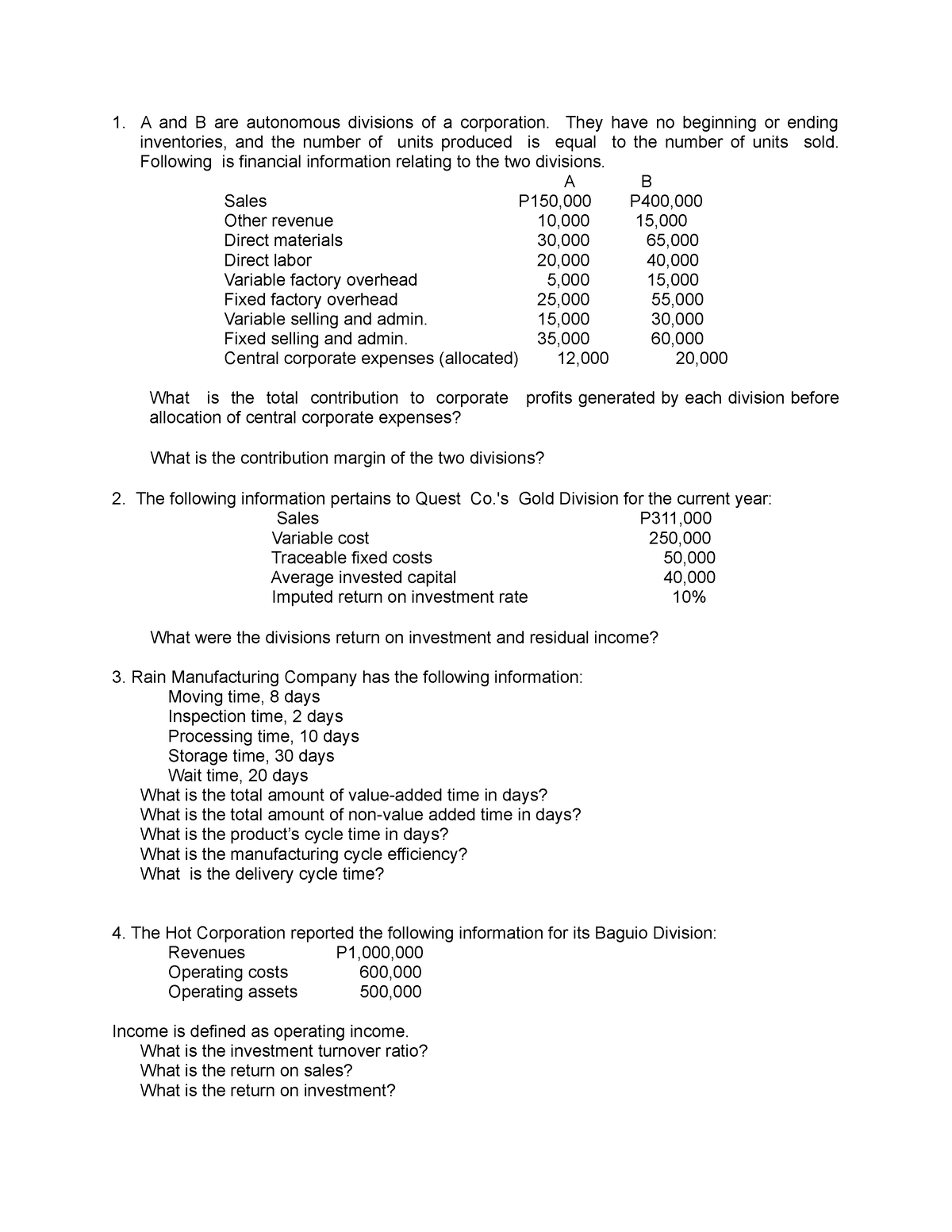 Responsiblity Acc Assignment - A and B are autonomous divisions of a ...