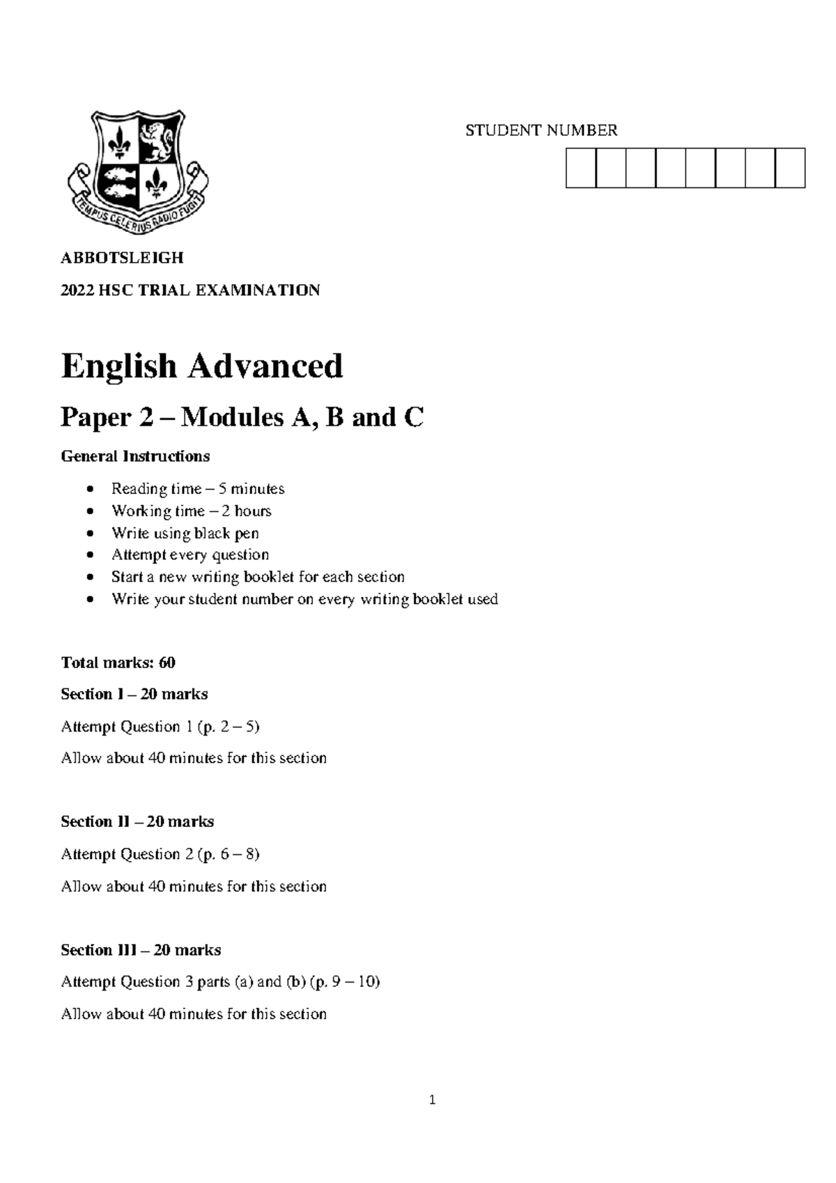 Abbotsleigh 2022 English Trial Paper 2 Advanced - STUDENT NUMBER ...