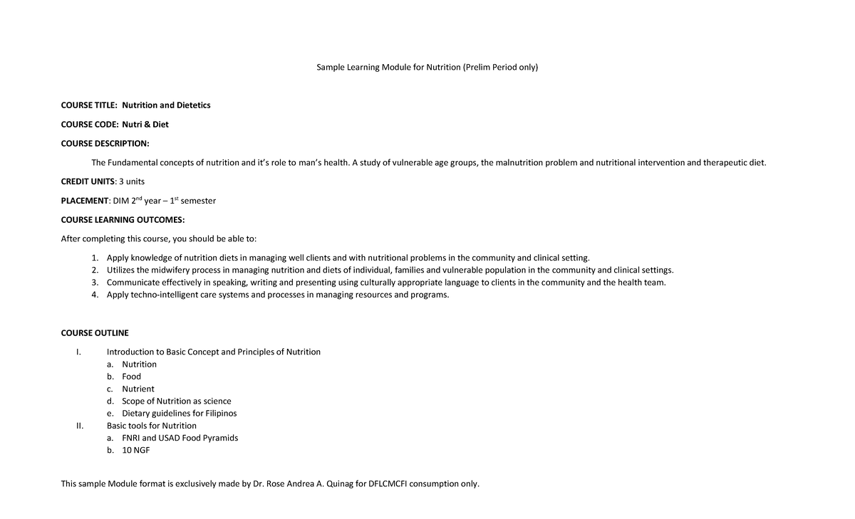 Sample-module - Modules - Sample Learning Module for Nutrition (Prelim ...