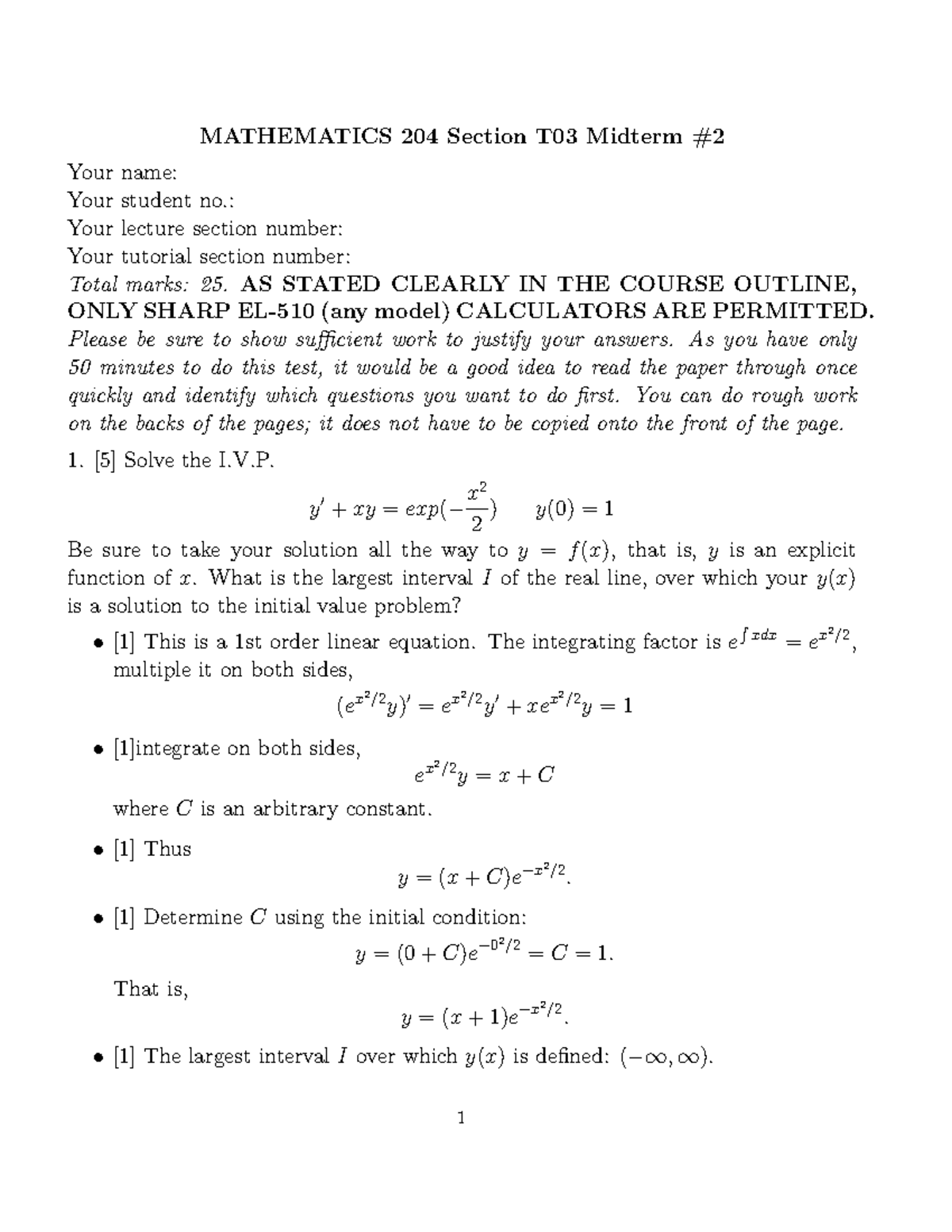 Midterm 2018, questions and answers - MATHEMATICS 204 Section T03 ...