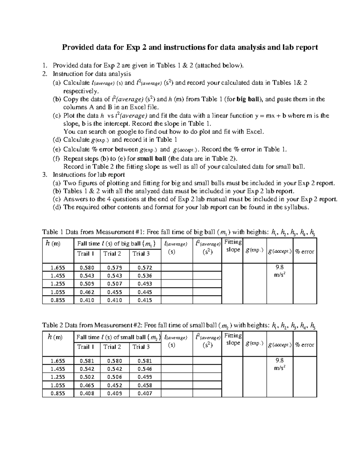 PHY2048L+Exp+2+Data+and+Instructions+%281%29 - Provided data for Exp 2 ...