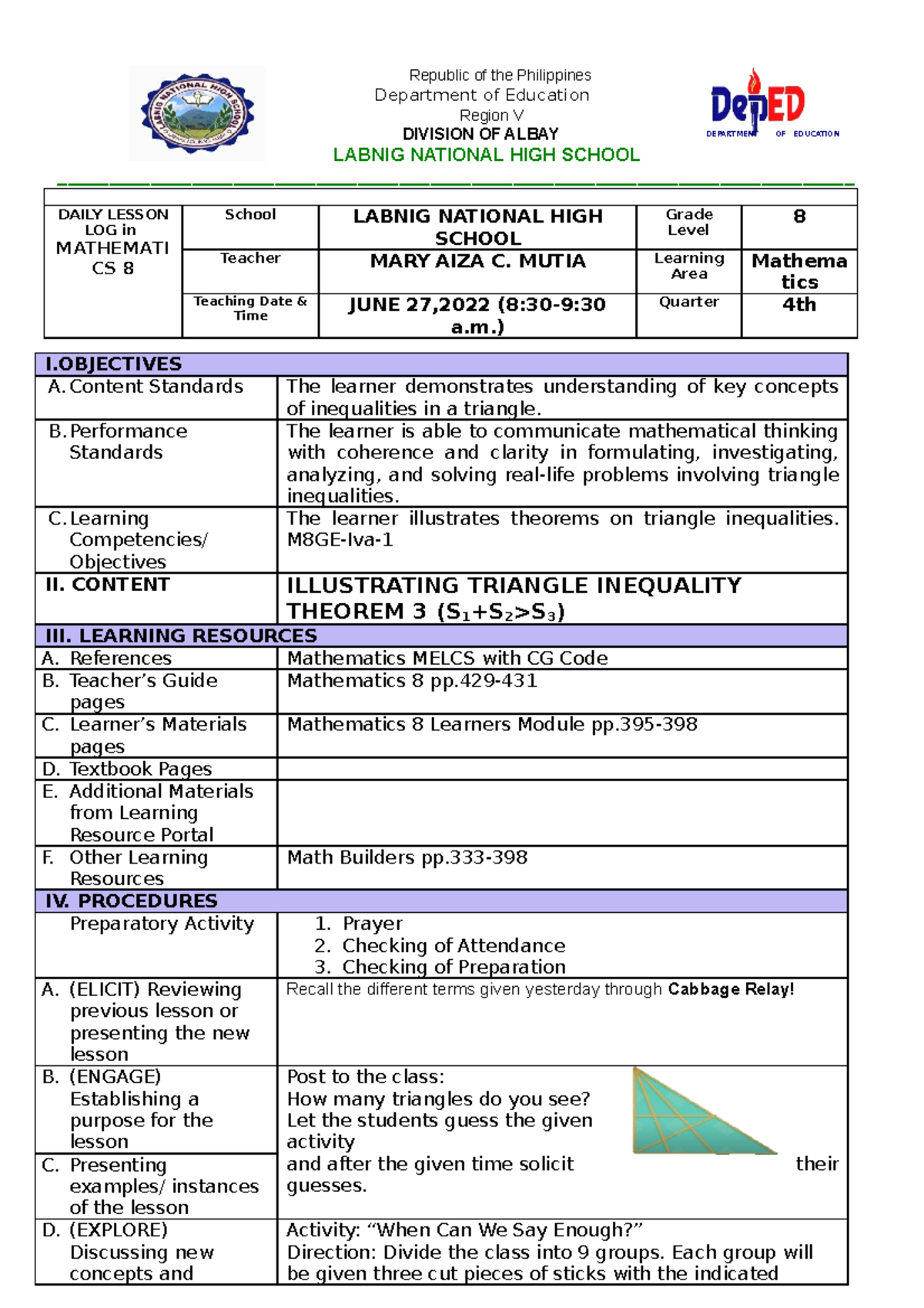 COT 2 DLL cot 2 daily lesson log for math 9 Republic of the