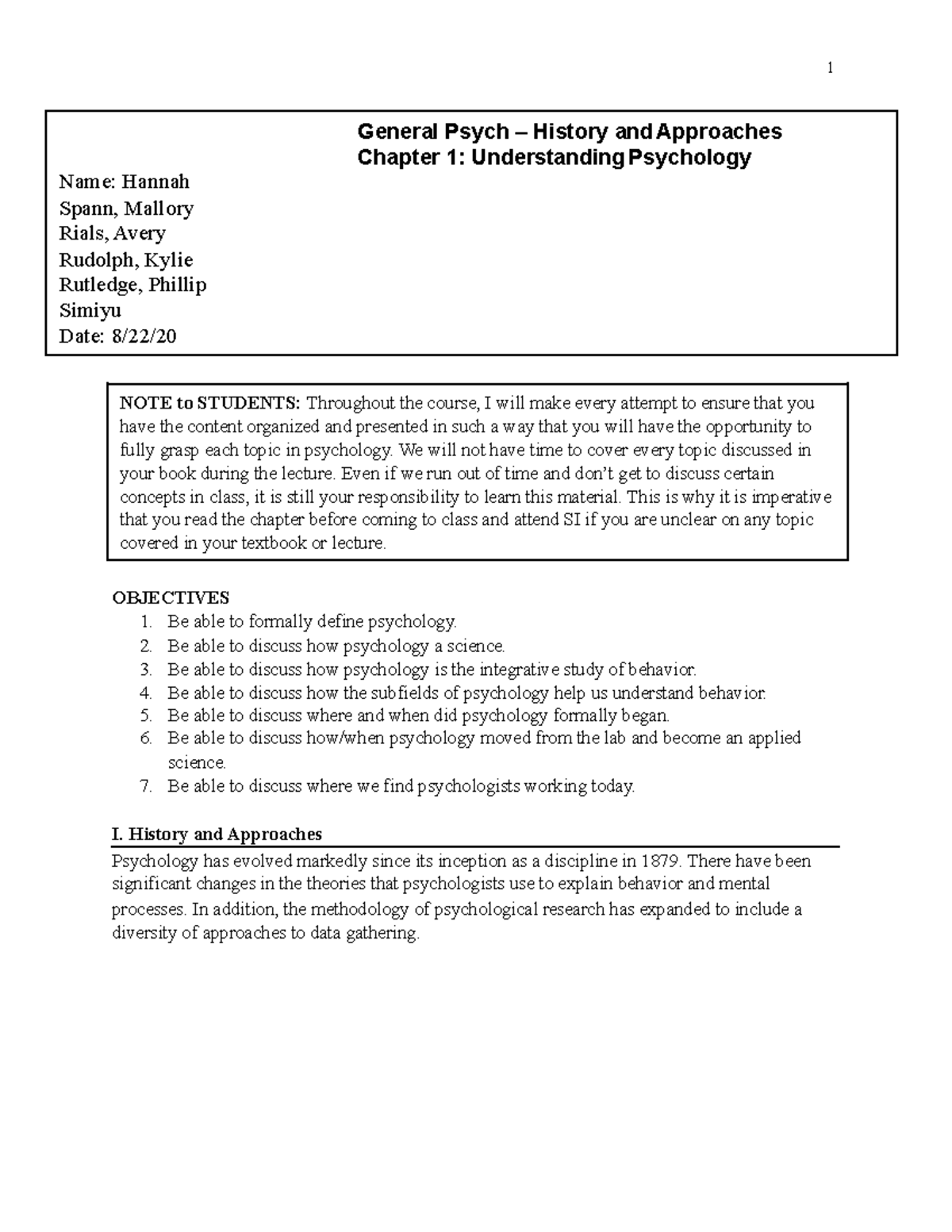 Ch. 1 Outline Psychology OBJECTIVES Be able to formally define