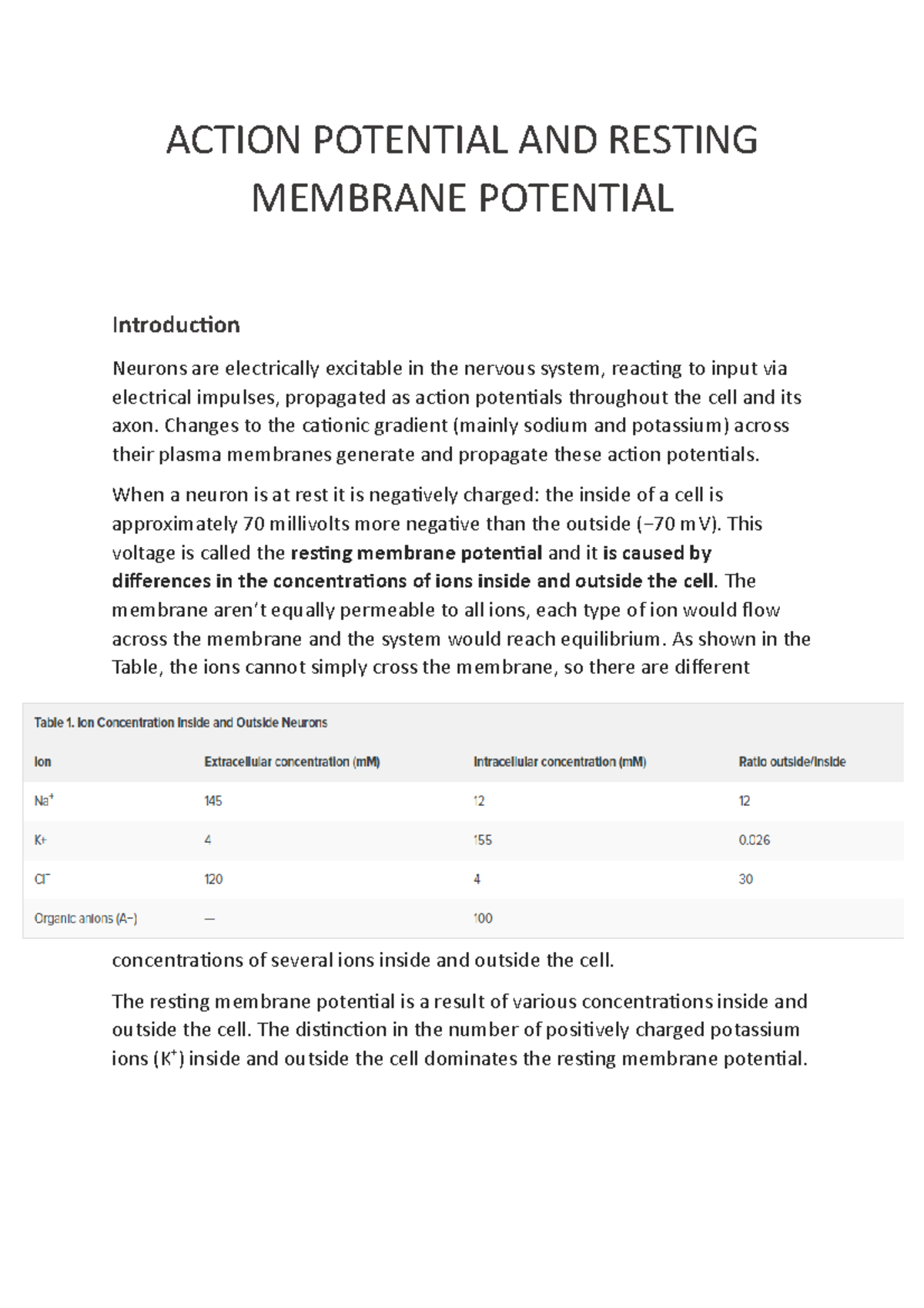 Action Potential AND Resting Membrane Potential - ACTION POTENTIAL AND ...