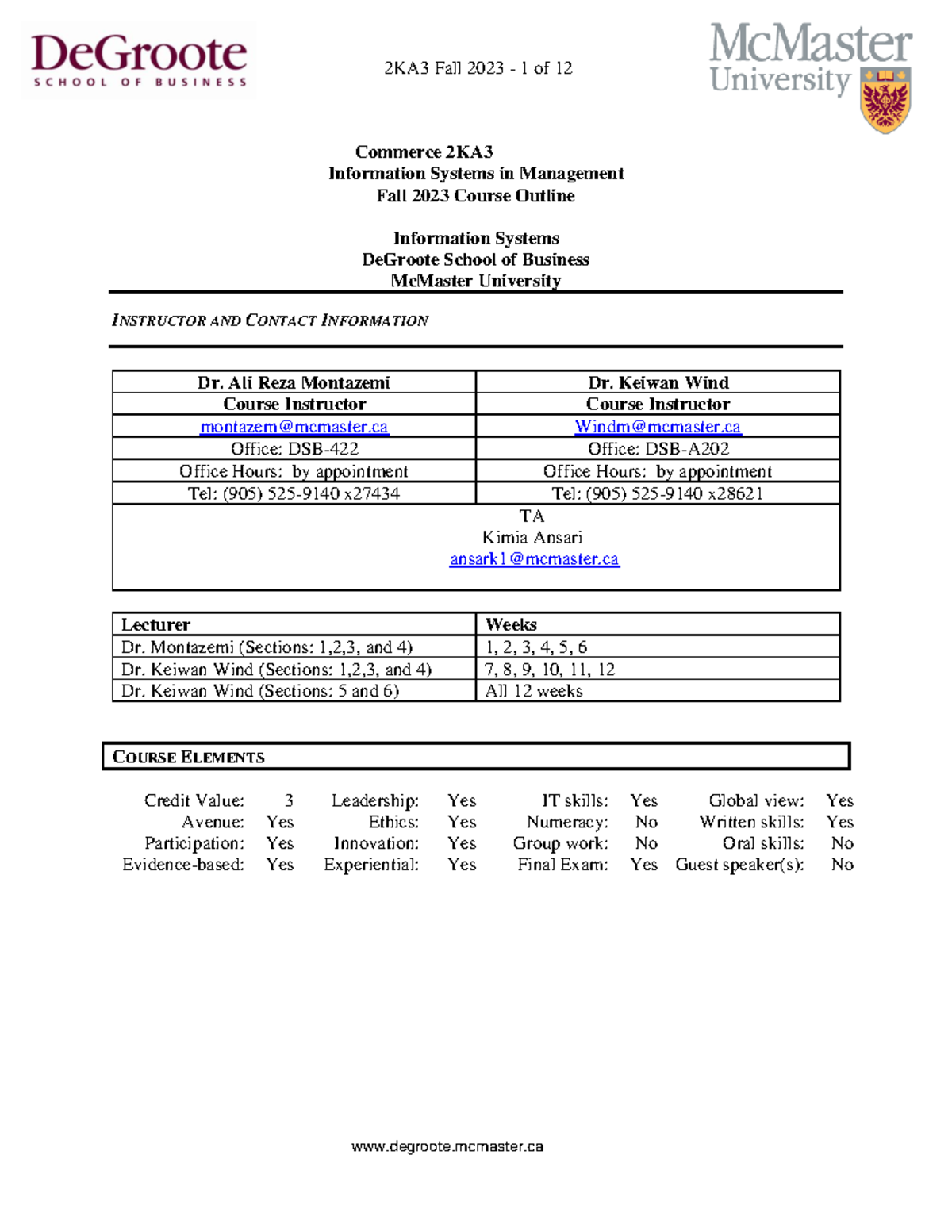 2KA3- Course Outline - Degroote.mcmaster Commerce 2KA Information ...