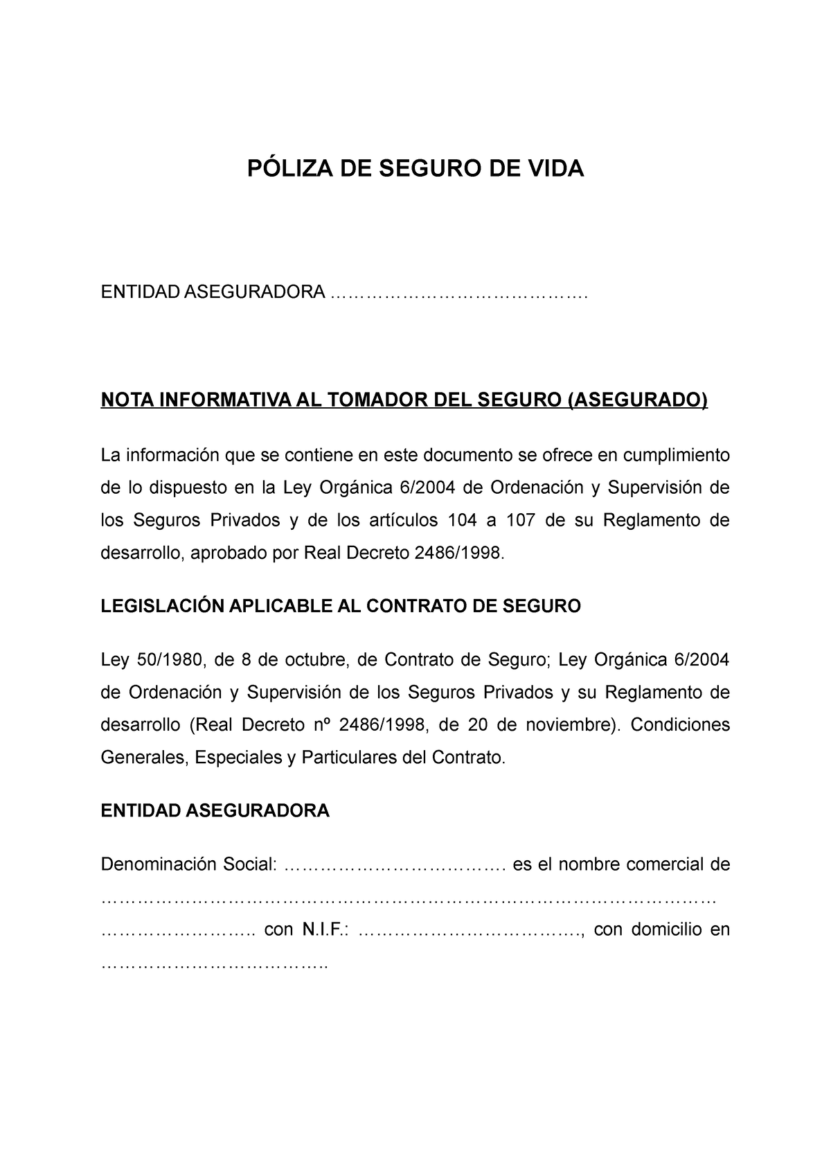 Copia de Modelo-de-Contrato-de-Seguro-de-Vida - PÓLIZA DE SEGURO DE VIDA  ENTIDAD ASEGURADORA - Studocu
