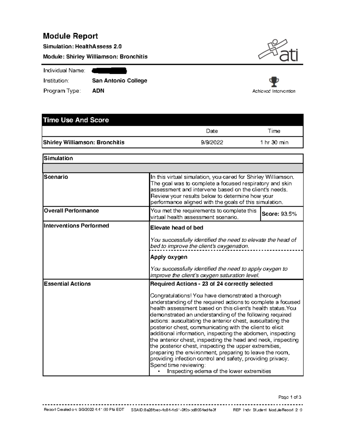 ATI Health Assess. Shirley Williamson. Bronchitis Module Report