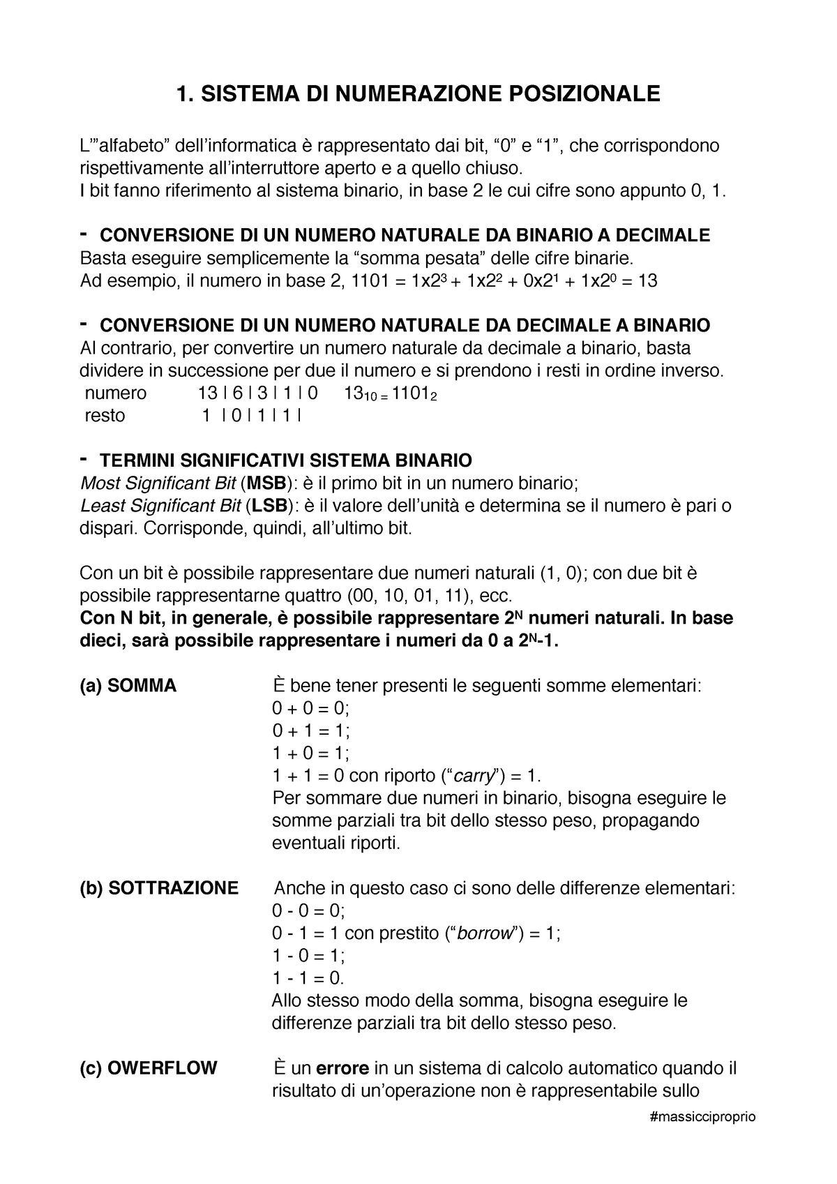 Teoria Informatica - 1. SISTEMA DI NUMERAZIONE POSIZIONALE ...