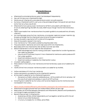 Mitochondrial Biogenesis Notes - Prof. Malcolm East - Lecture notes, lectures 1 - 4