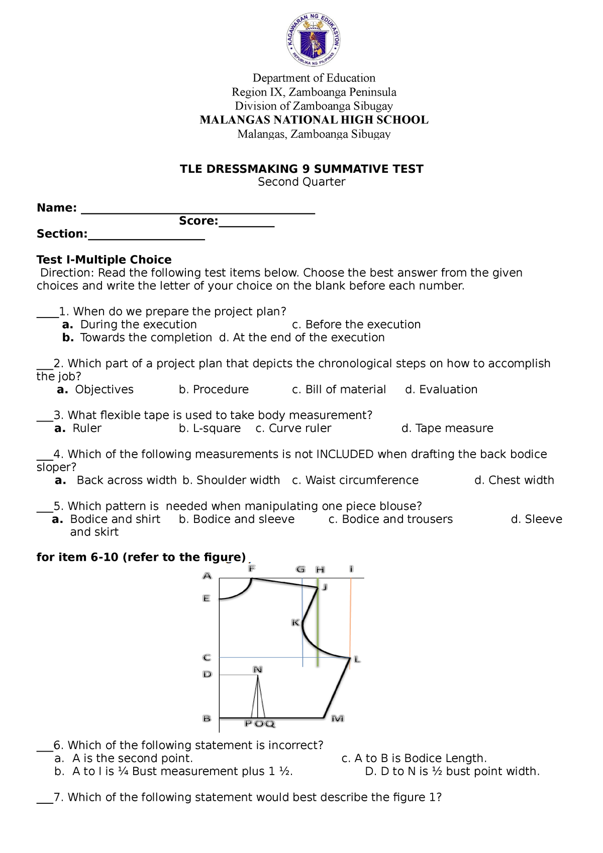 Tle Dressmaking 9 Summative Test Q2 Tle Dressmaking 9 Summative Test Second Quarter Name 1408