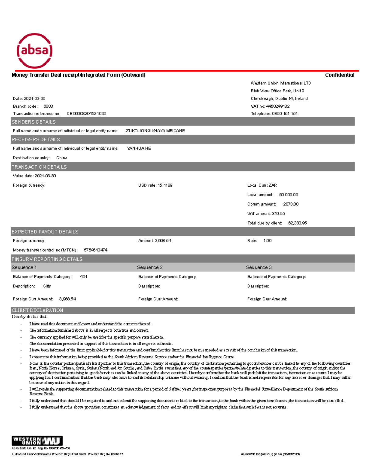 Western Union Outbound 2-converted - Money Transfer Deal receipt ...