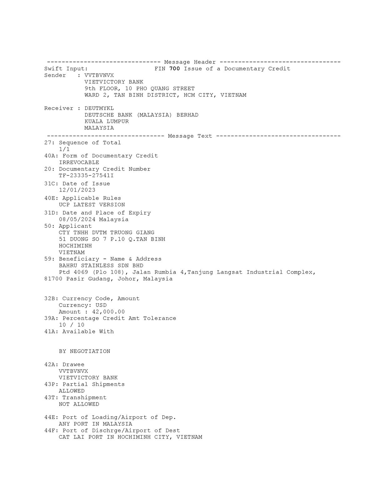 Issue LC MT700 20231202002 721 - Message Header - Swift Input: FIN 700 ...