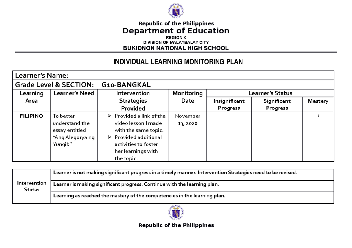 Individual Learning Monitoring PLAN Republic Of The Philippines 