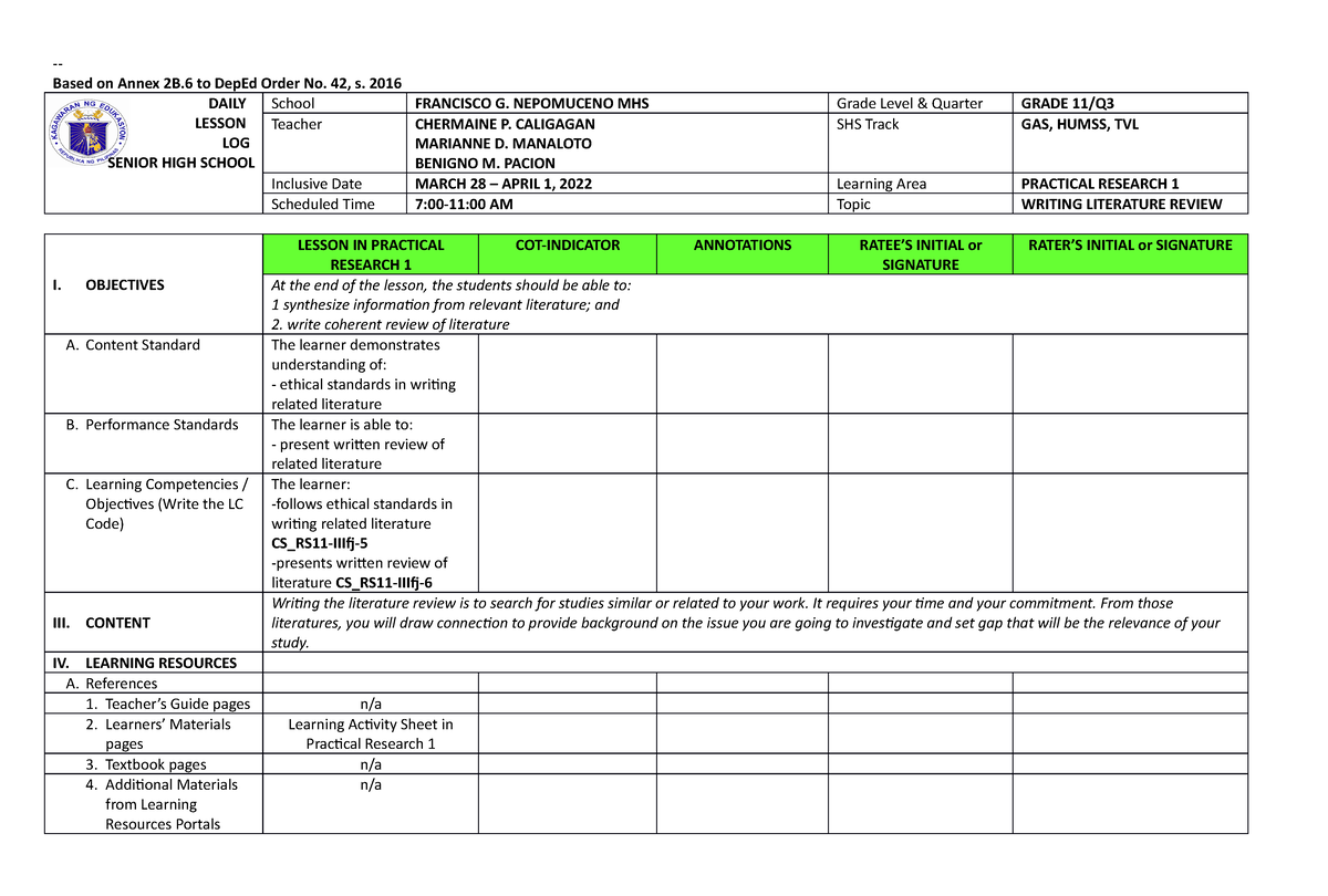 Practical Research 1 Daily Lesson Log - Based On Annex 2B To DepEd ...