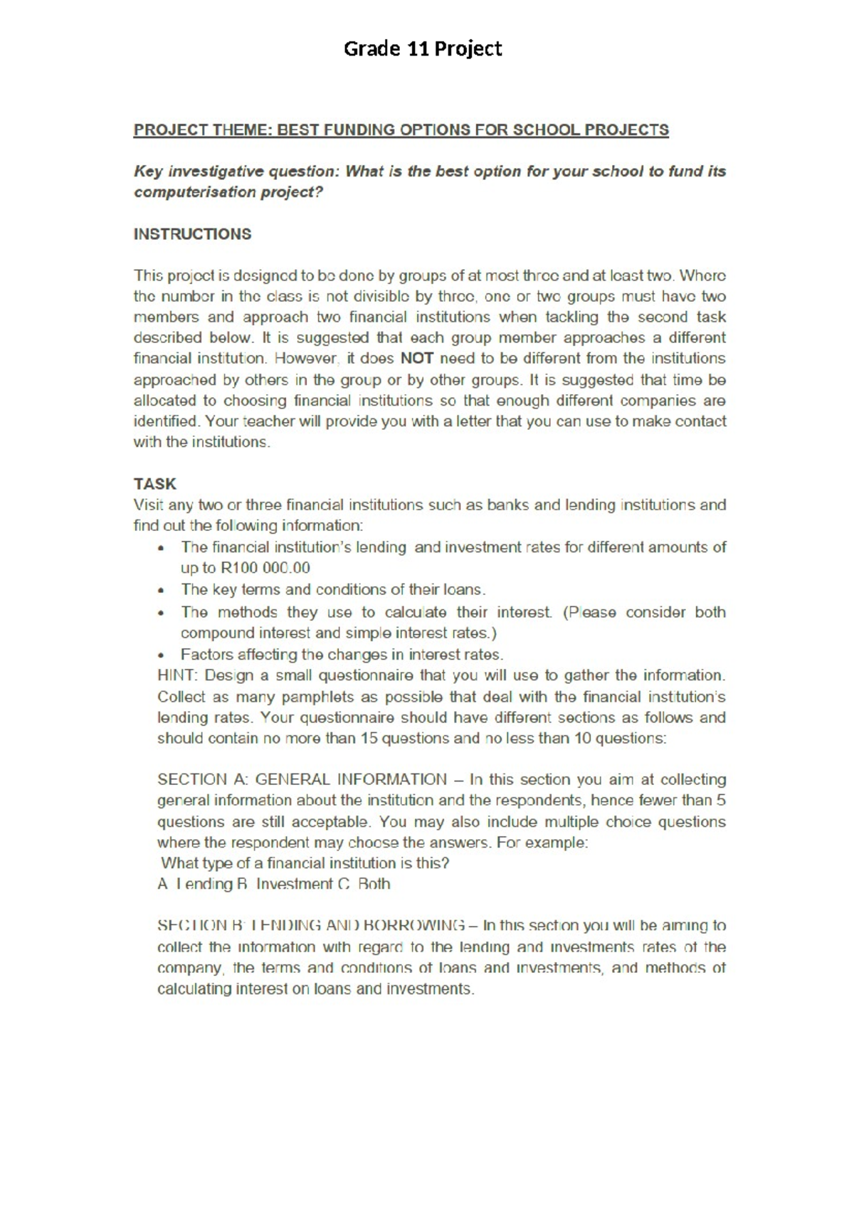 Gr 11 Project Financial Mathematics - Grade 11 Project - Studocu