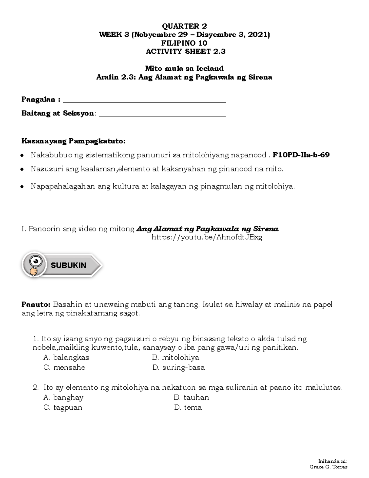 Q2W3 -Activity-Sheet-2 - Inihanda Ni: QUARTER 2 WEEK 3 (Nobyembre 29 ...