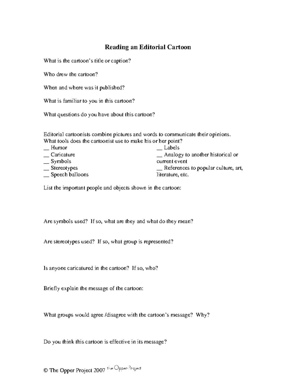 Opper Editorial Cartoon Analysis Worksheet - Reading an Editorial ...