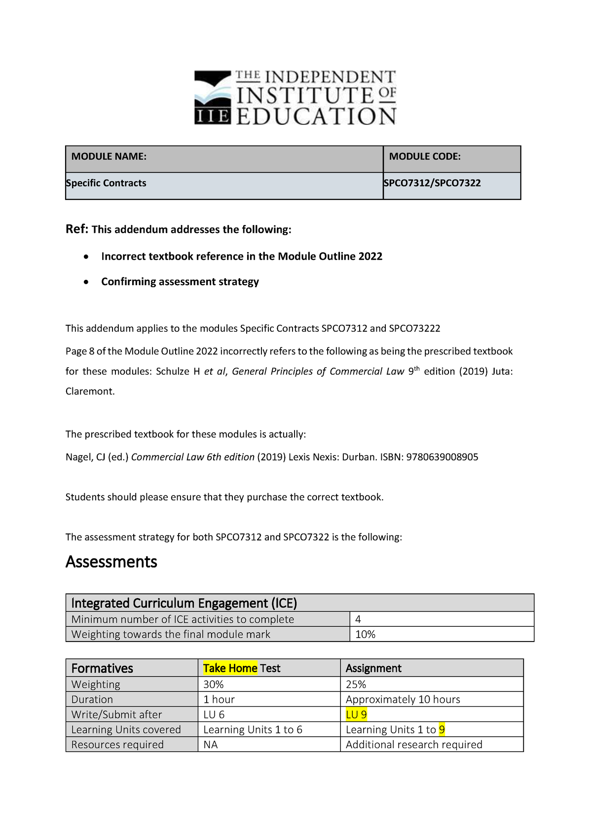 SPCO Addendum 1 - MODULE NAME: MODULE CODE: Specific Contracts SPCO7312 ...