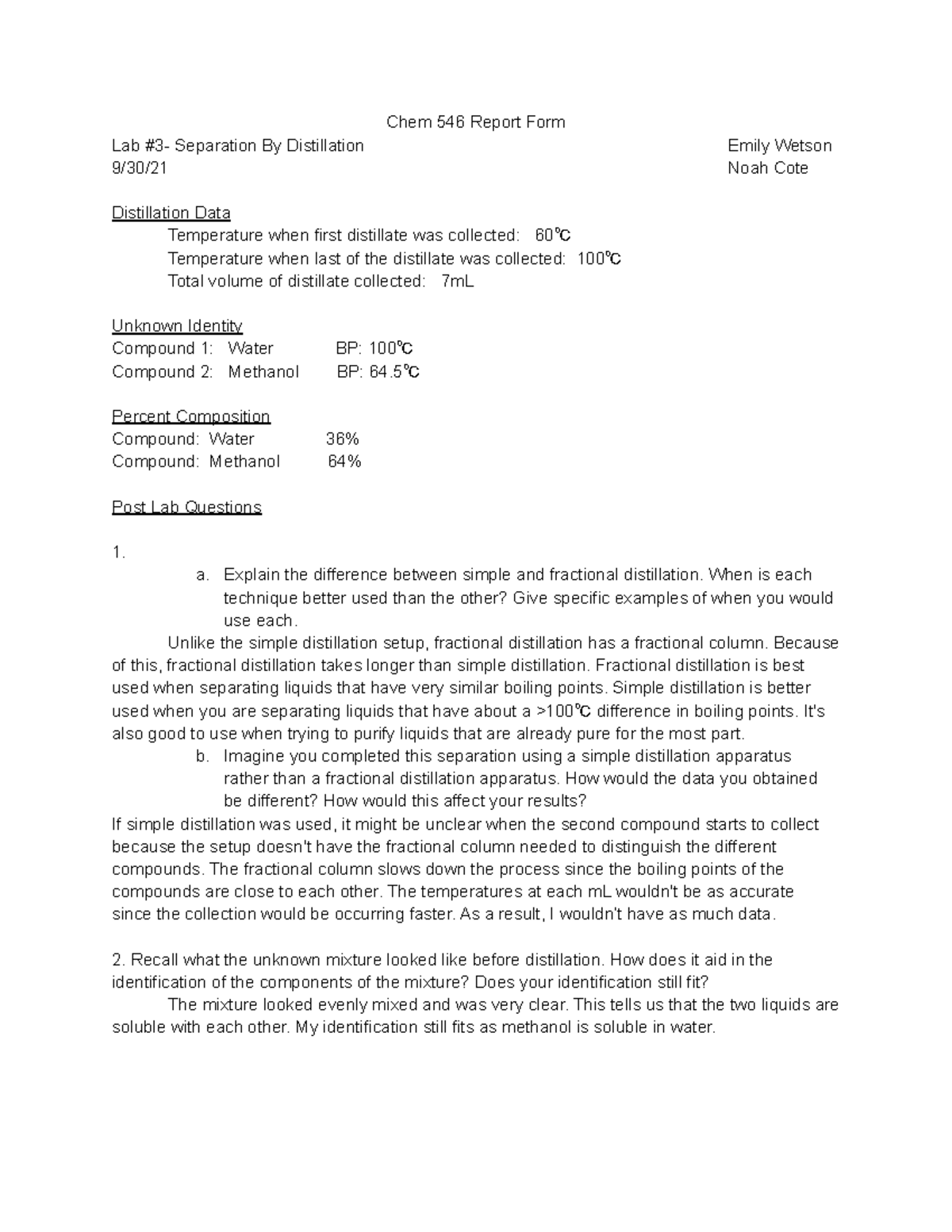 Chem lab report 3 - Chem 546 Report Form Lab #3- Separation By ...