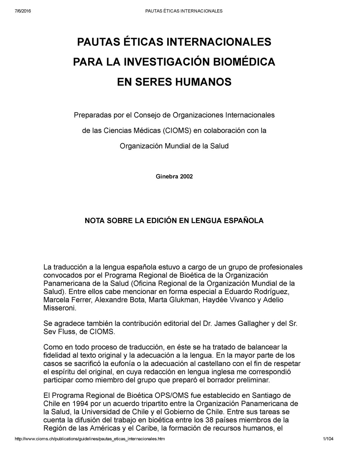 Pautas Éticas Internacionales Cioms Pautas Éticas Internacionales Para La InvestigaciÓn 2502