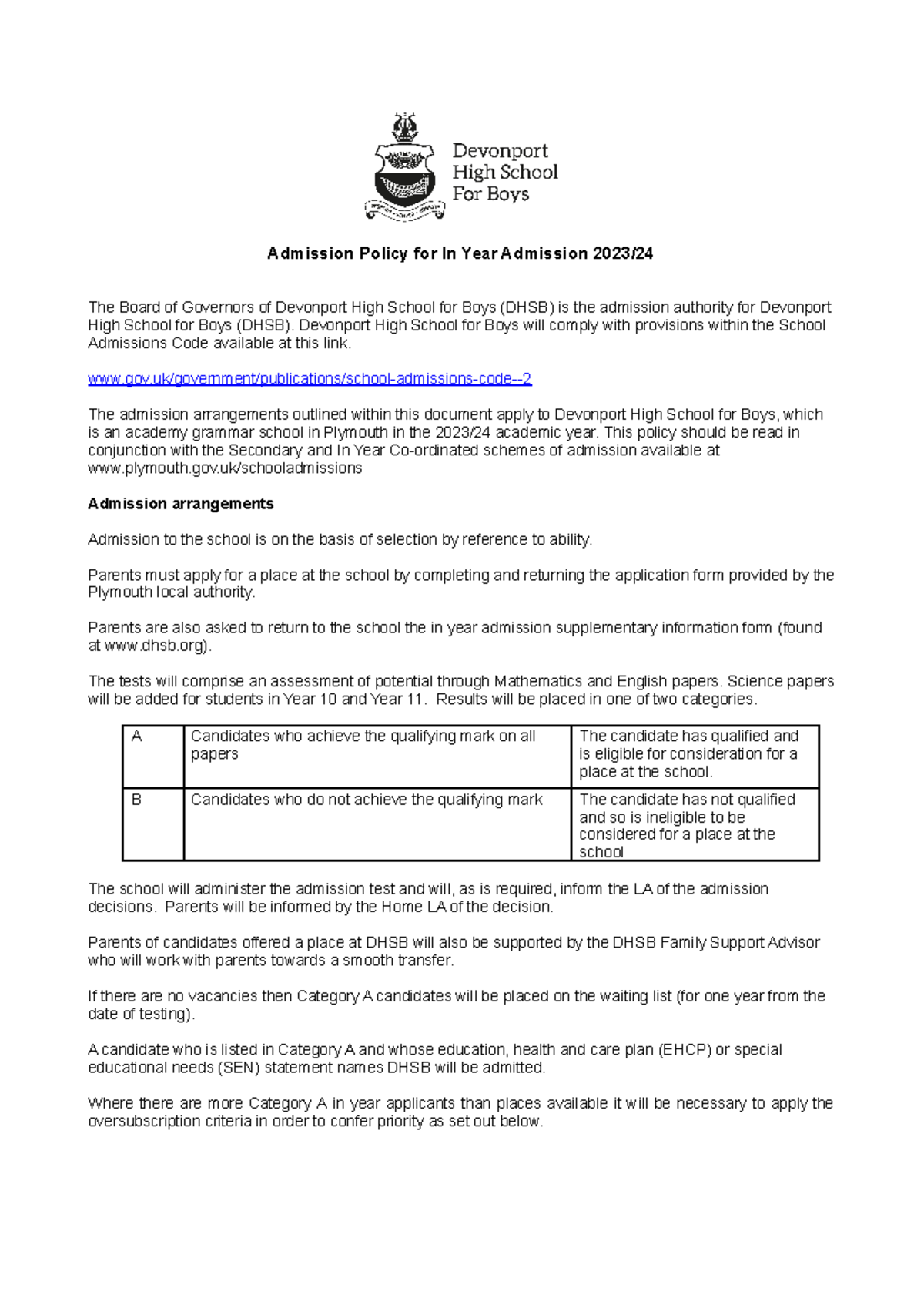 DHSB Admission Policy 2023 24 - In Year - Admission Policy for In Year ...