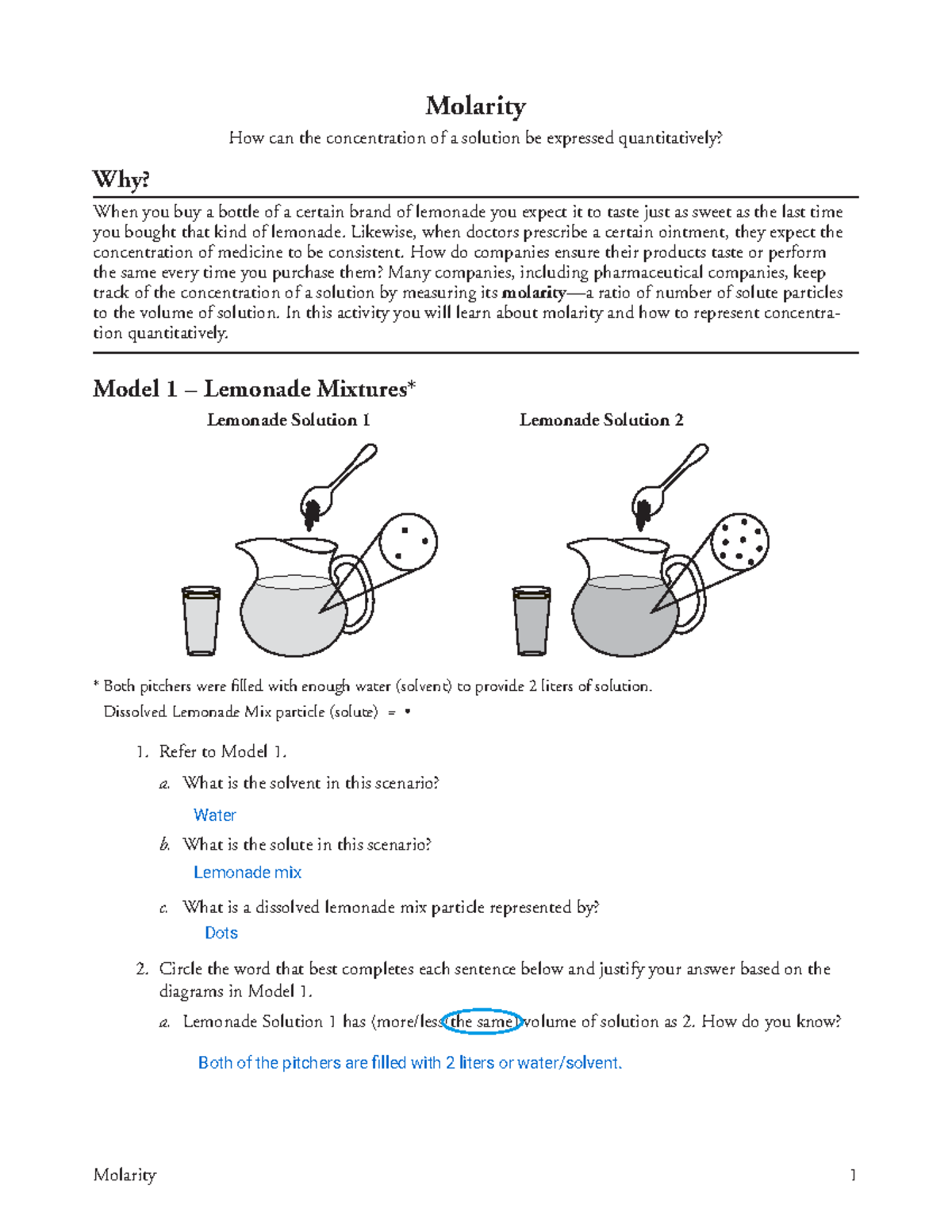 -03b- Molarity Pogil - Molarity 1 Molarity How can the concentration of ...