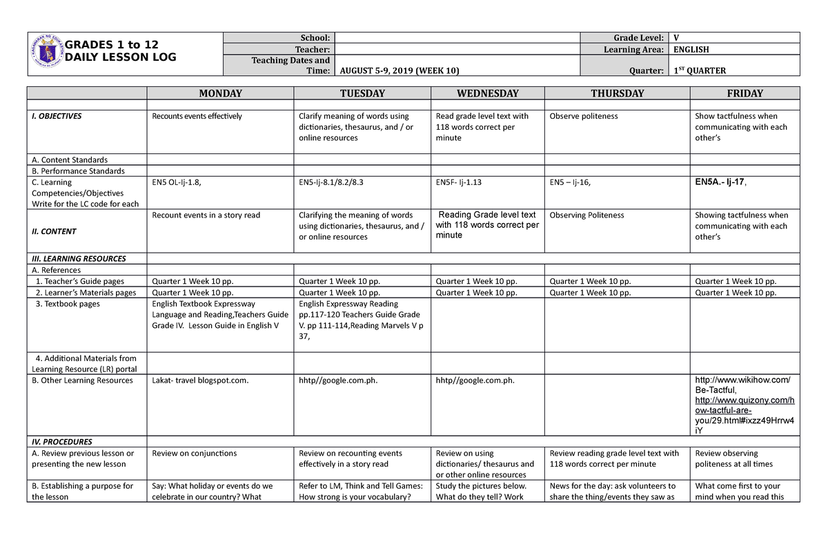 DLL English 5 Q1 W10 EDUCATION GRADES 1 to 12 DAILY LESSON LOG