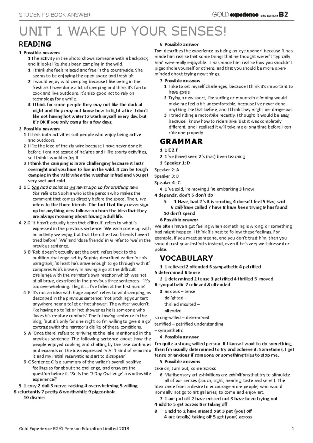 506374806 Gold Experience b2 Sb Answer Key - UNIT 1 WAKE UP YOUR SENSES ...