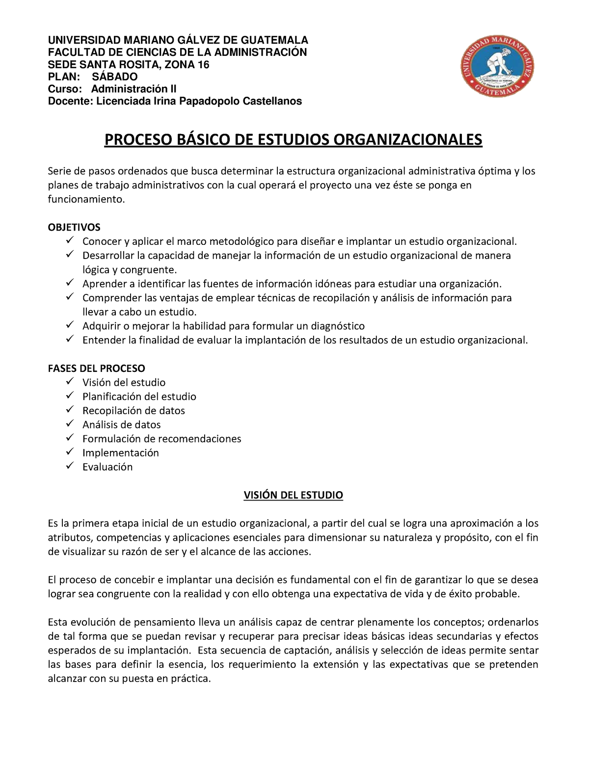 Proceso Básico DE Estudios Organizacionales - FACULTAD DE CIENCIAS DE ...