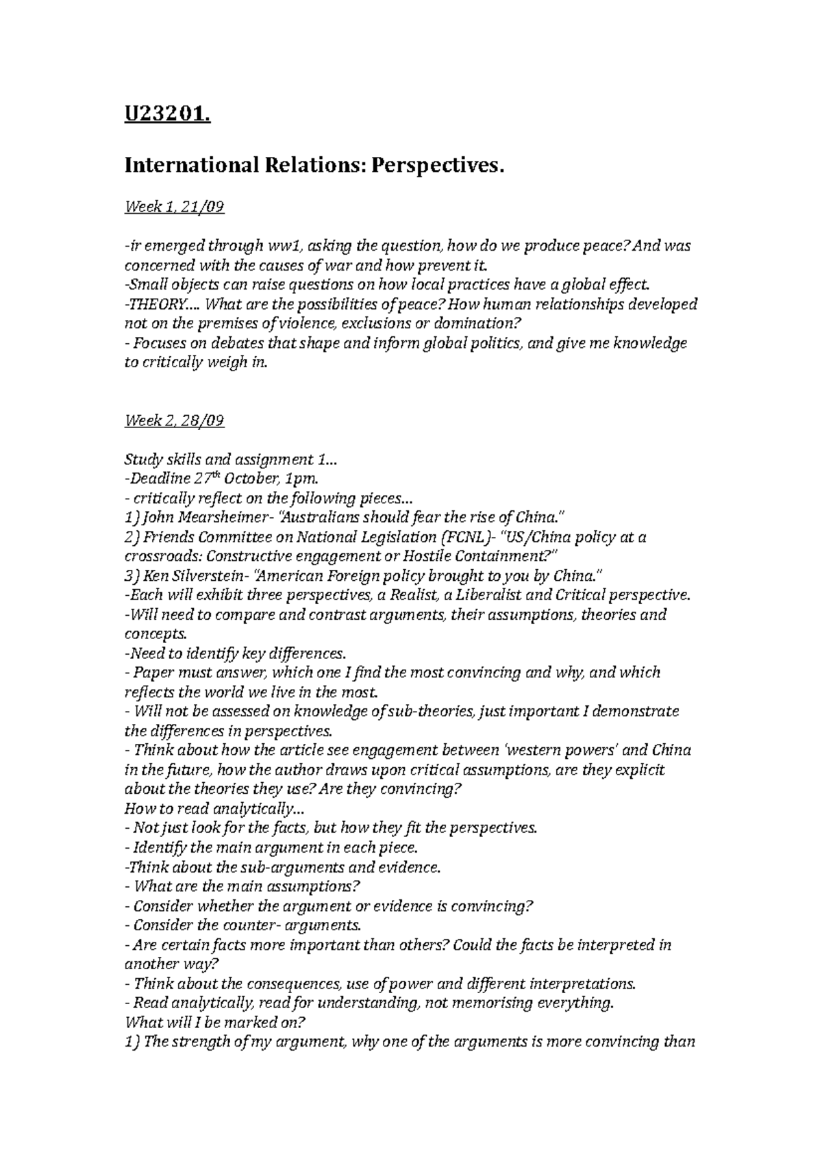 U23201, IR lecture notes - U23201. International Relations ...