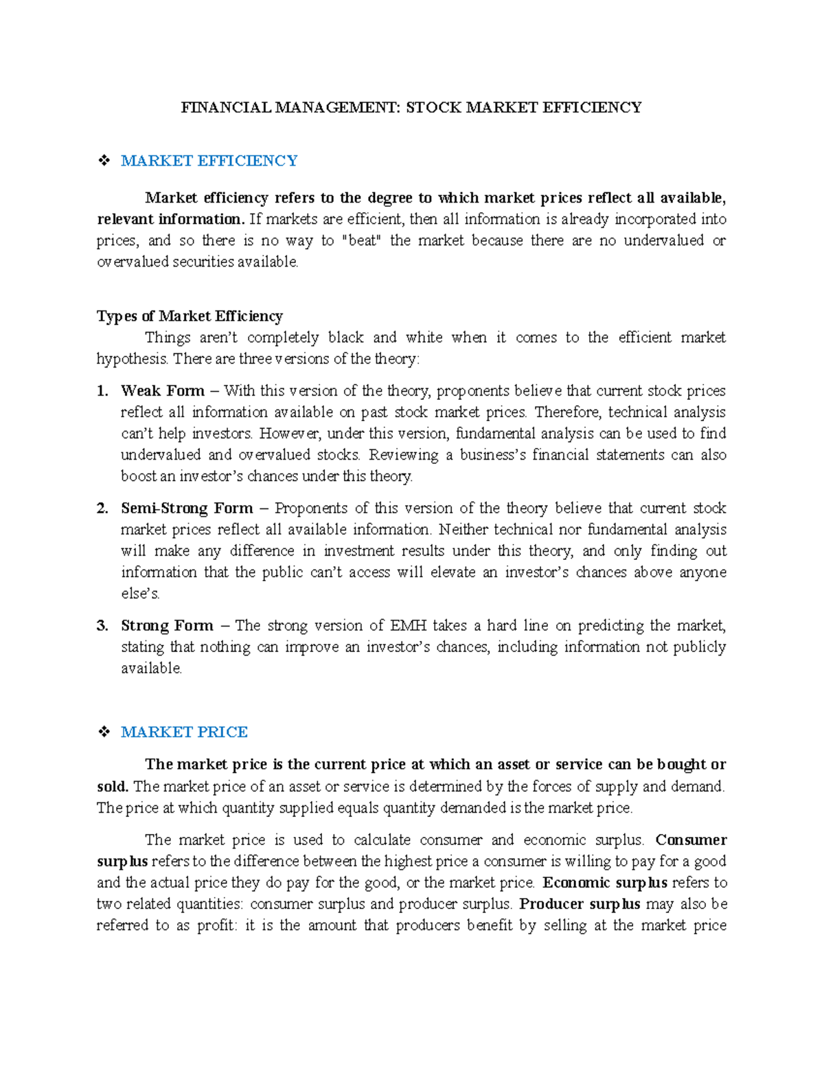 Stock Market Efficiency - FINANCIAL MANAGEMENT: STOCK MARKET EFFICIENCY ...