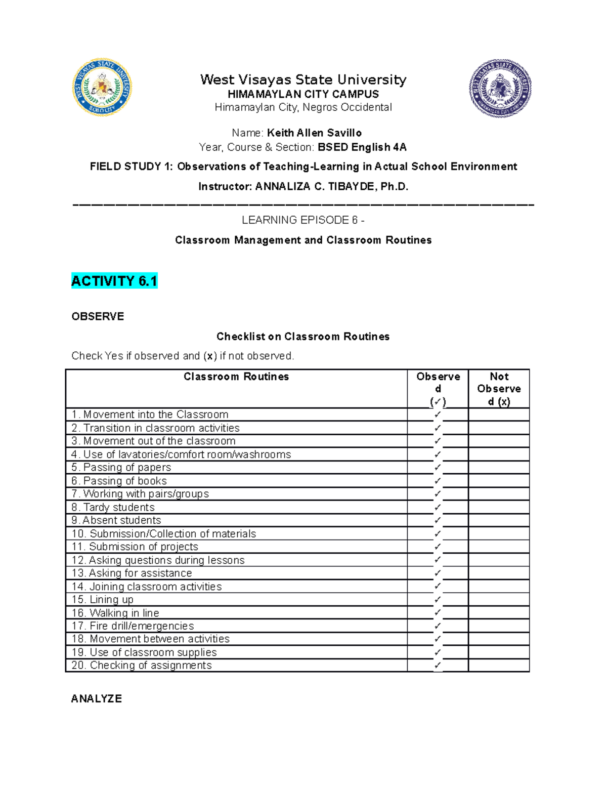 U6 Savillo (Done) - School work for Field Study 1 - West Visayas State ...