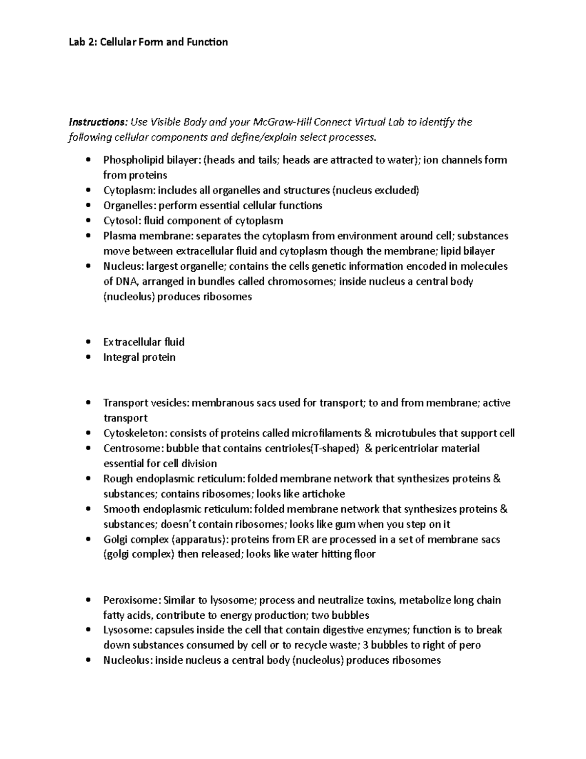 Lab 2 - Cellular Form and Function Word List - Lab 2: Cellular Form and ...