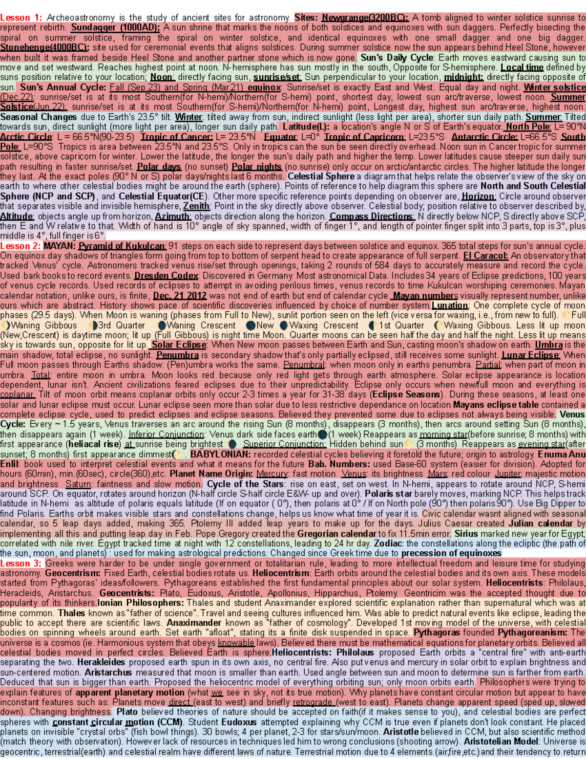 History of Astronomy Midterm Cheat Sheet (Missing Lesson 6) Lesson 1