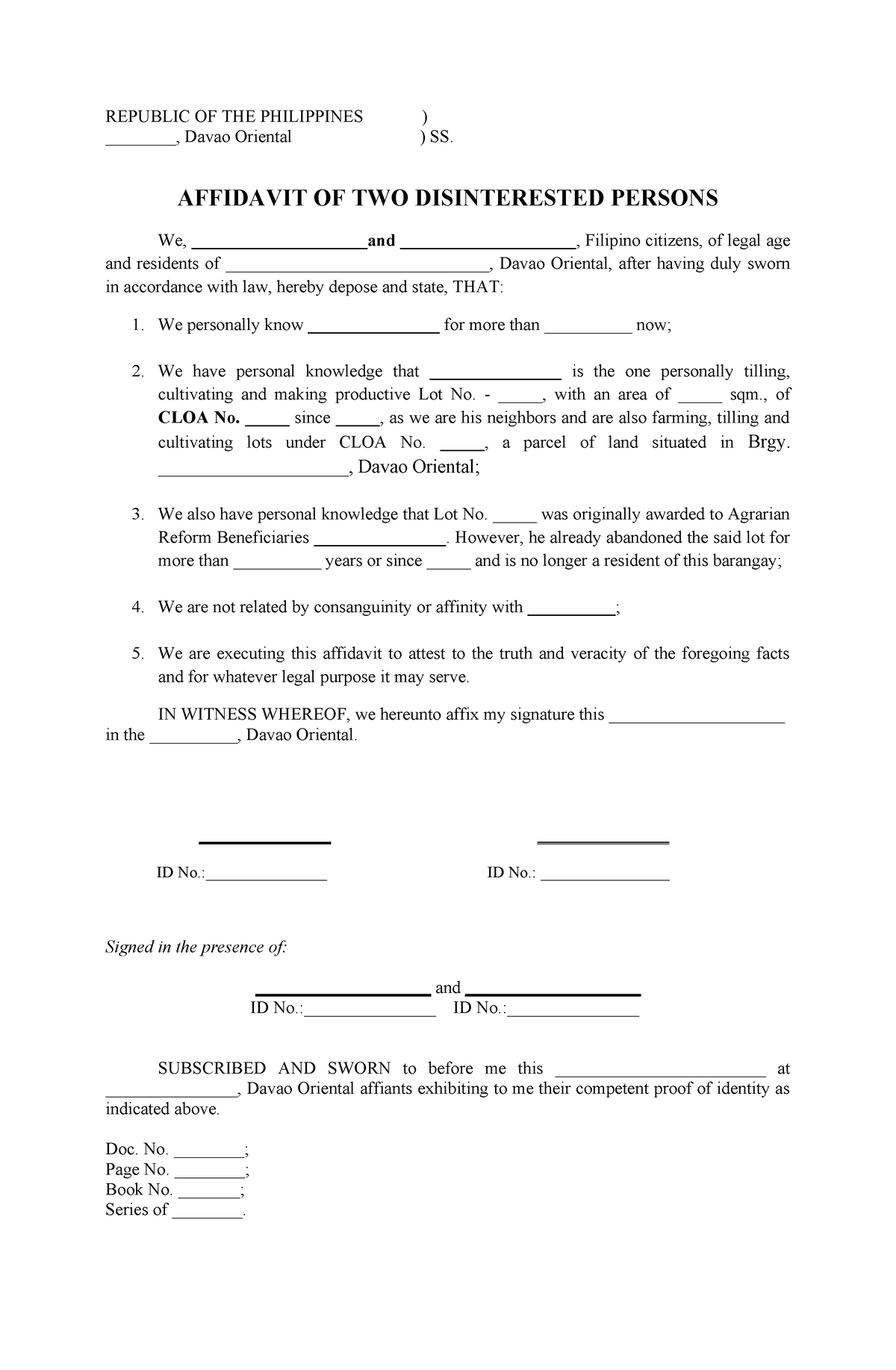 Affidavit of 2 Disinterested Persons for fill up - REPUBLIC OF THE ...