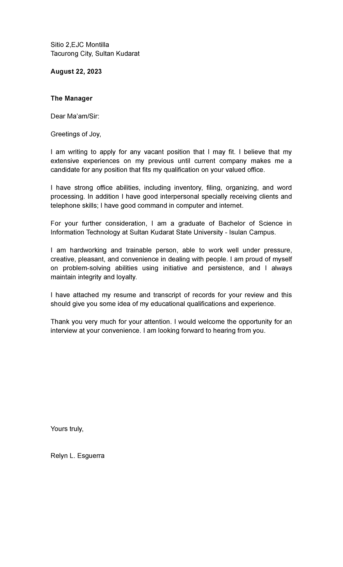 Application Letter - Lecture to my student - Sitio 2,EJC Montilla ...