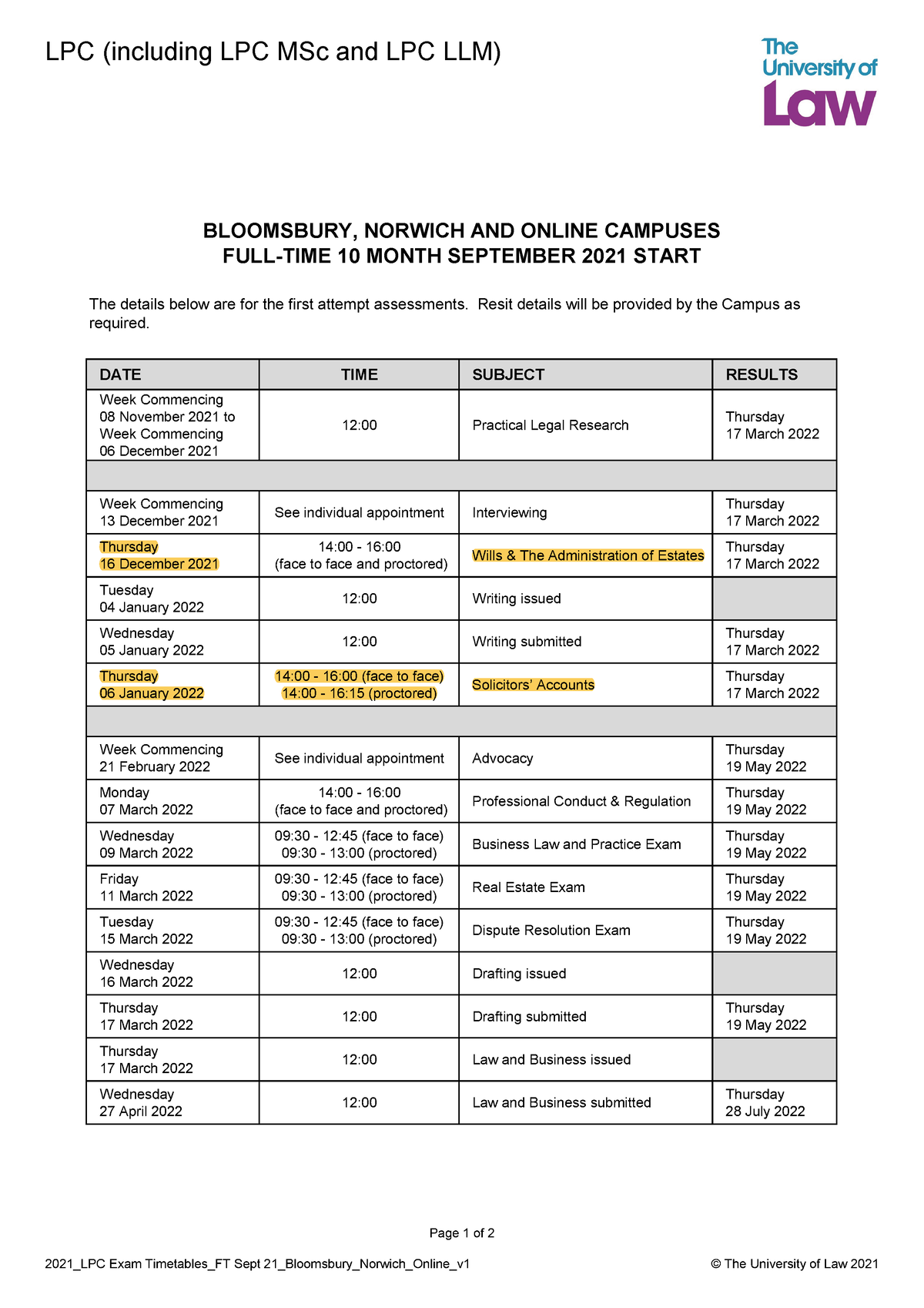 LPC Exam Timetable LPC (including LPC MSc and LPC LLM) DATE TIME