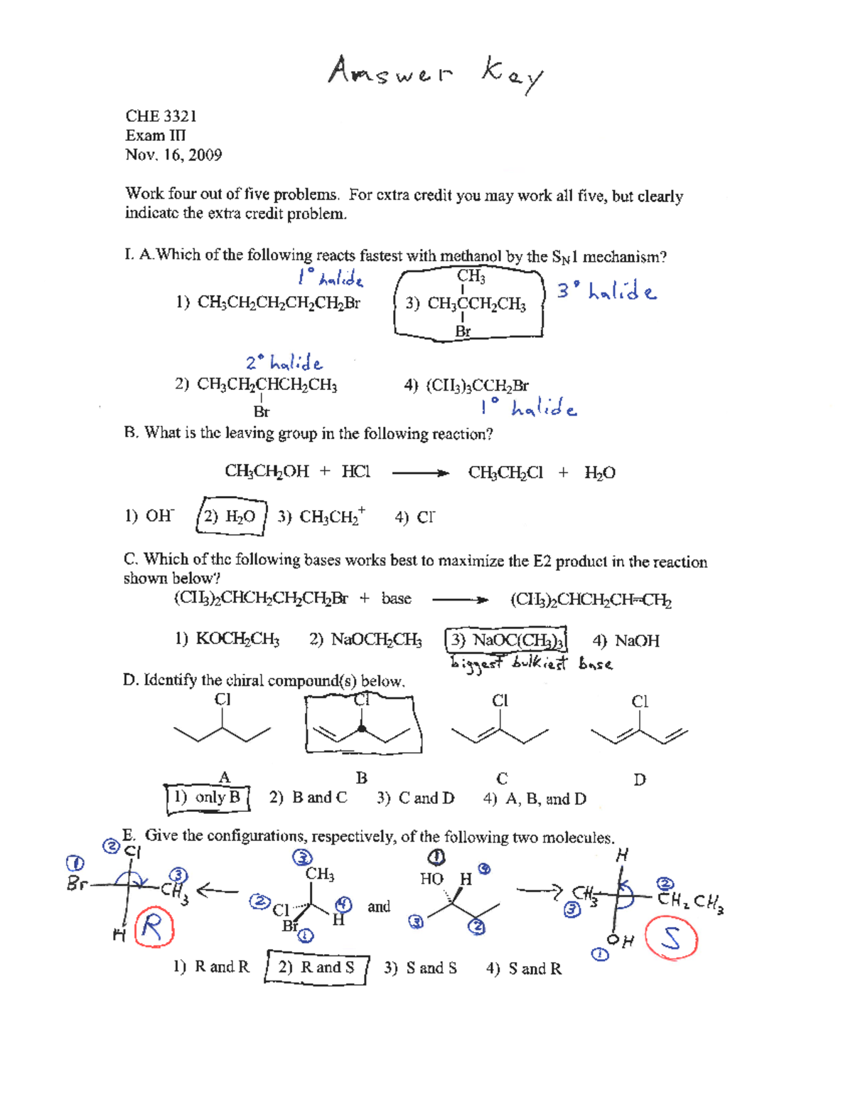 Orgo I Exam 3 Version A Answer Key (UD) - CHE 201 - Studocu