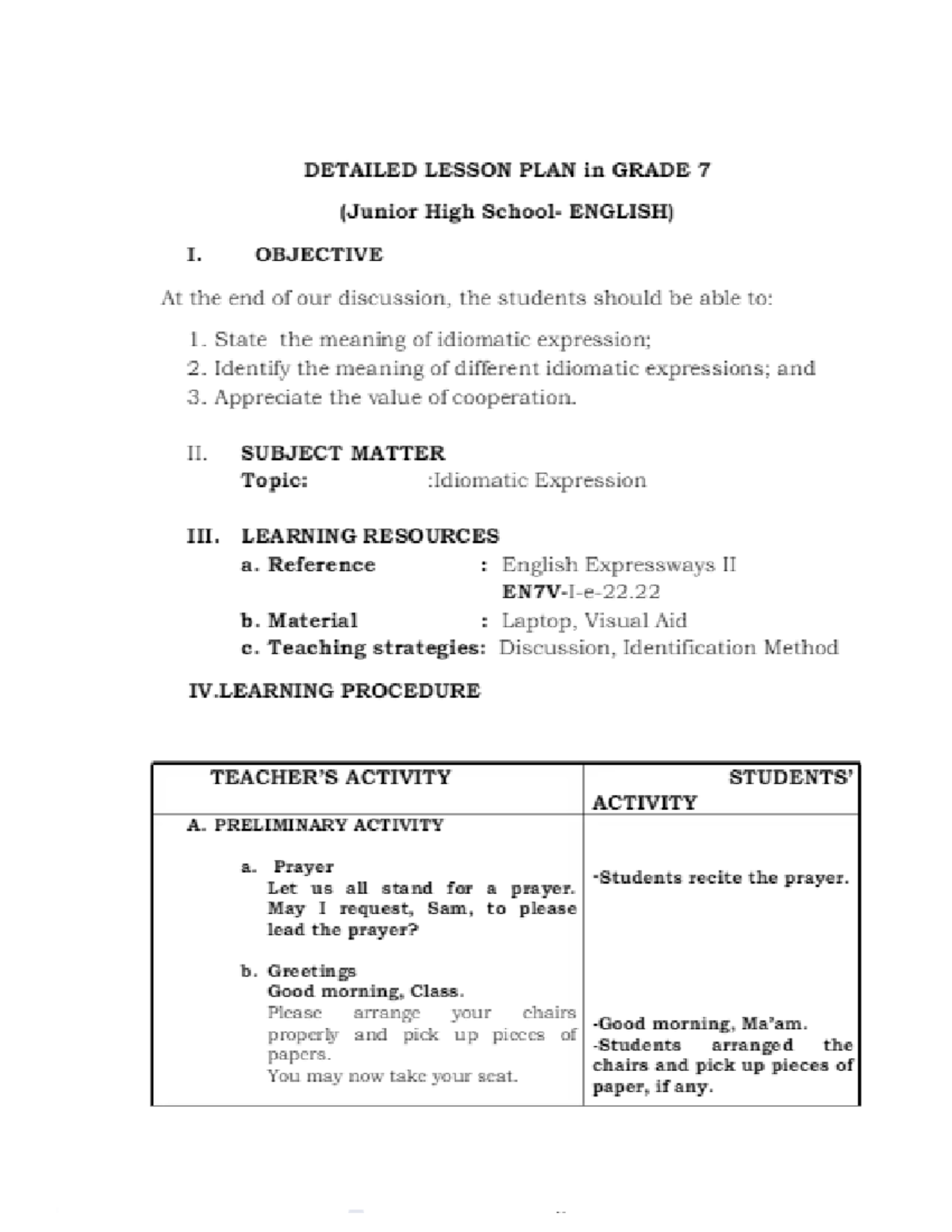 Detailed Lesson Plan - Grade 7 - Example - College English - Studocu