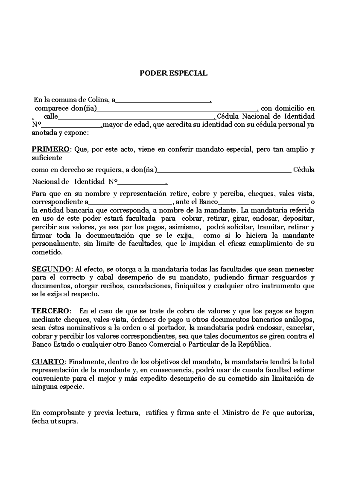 Poder especial bancario - PODER ESPECIAL En la comuna de Colina, a ...