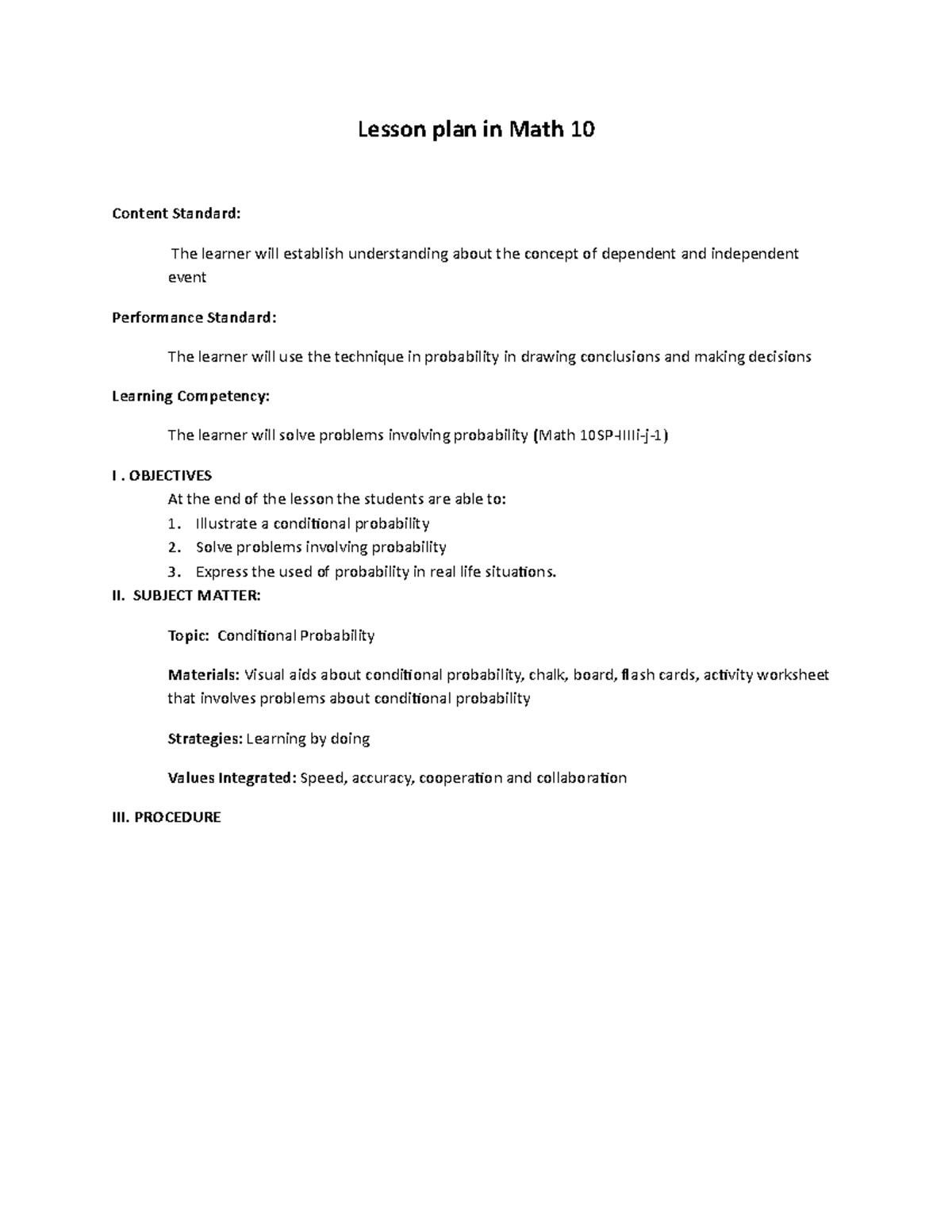 Lesson Plan Conditional Probability 5 Lesson Plan In Math 10 Content probability-genetics-definition