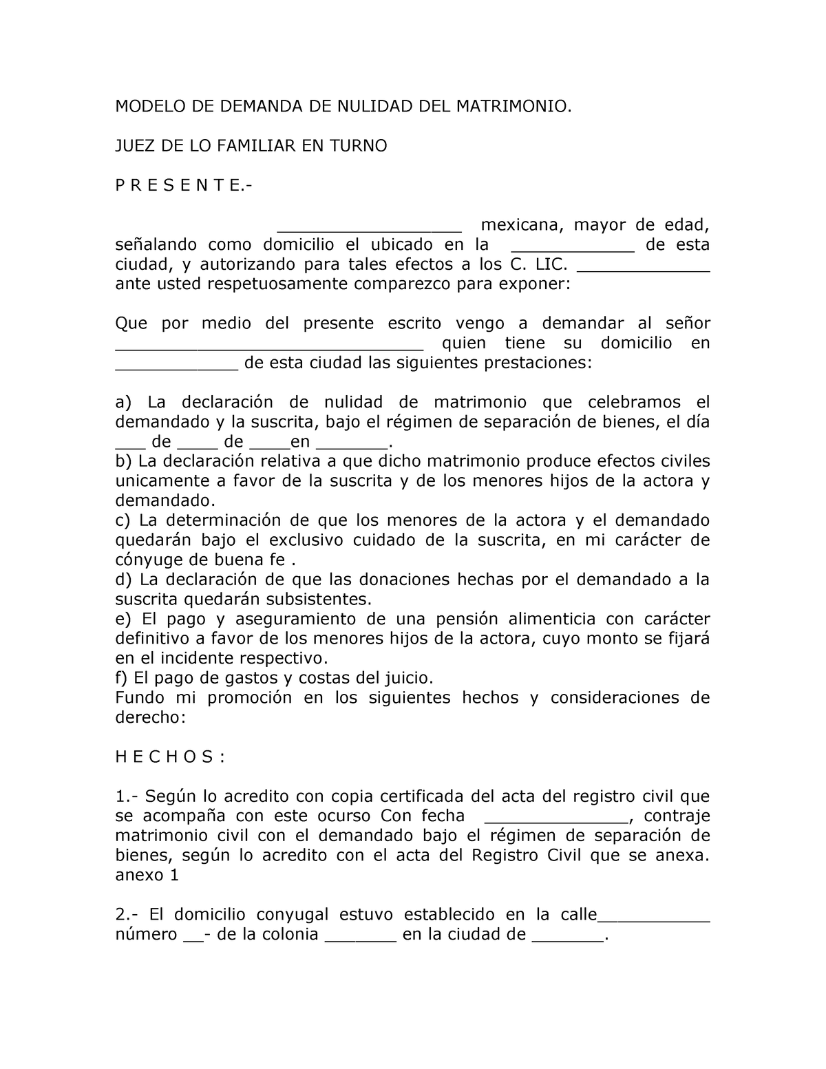 Modelo De Demanda De Nulidad Del Matrimonio Modelo De Demanda De Nulidad Del Matrimonio Juez 9842