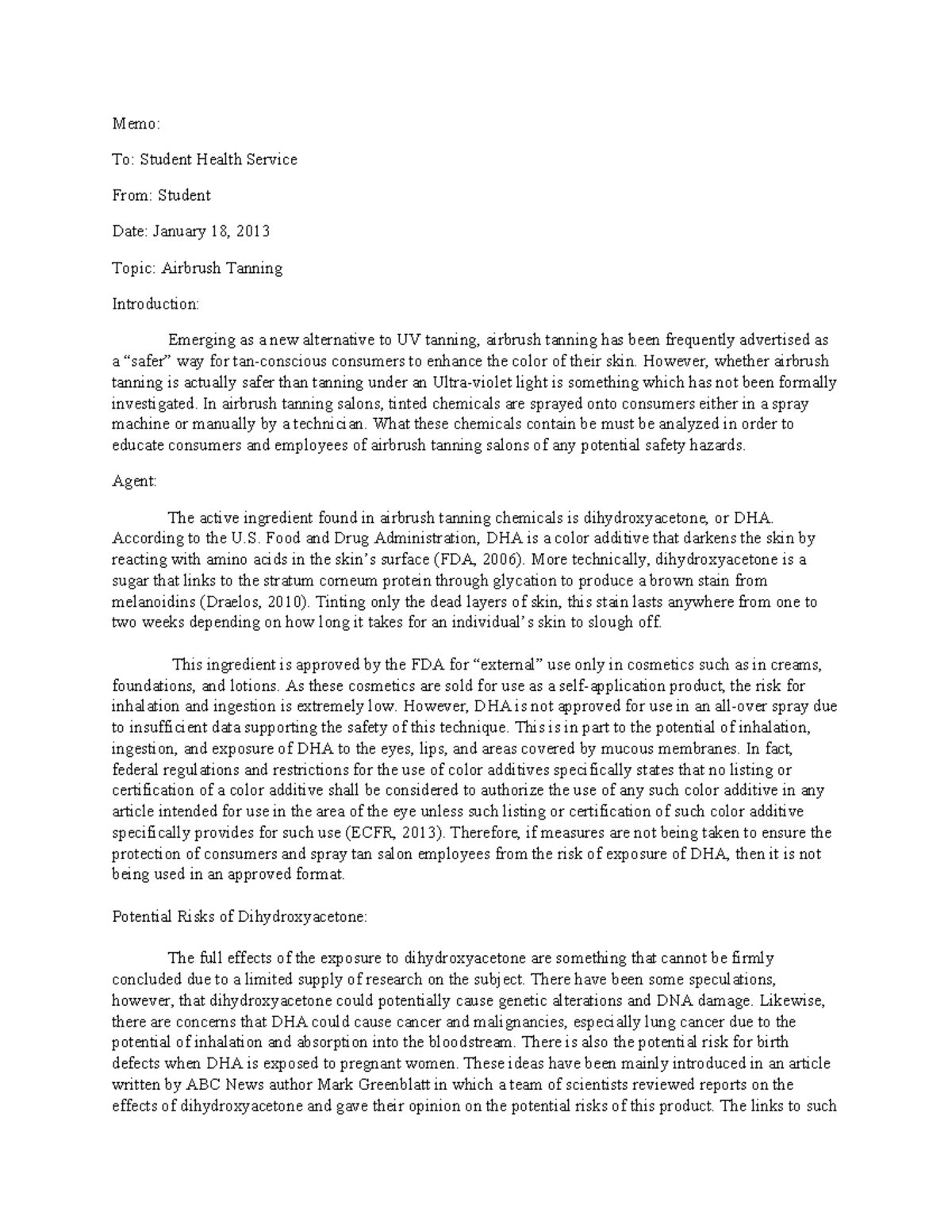 Environmental Health - Memo #1 Assignment - Memo: To: Student Health ...