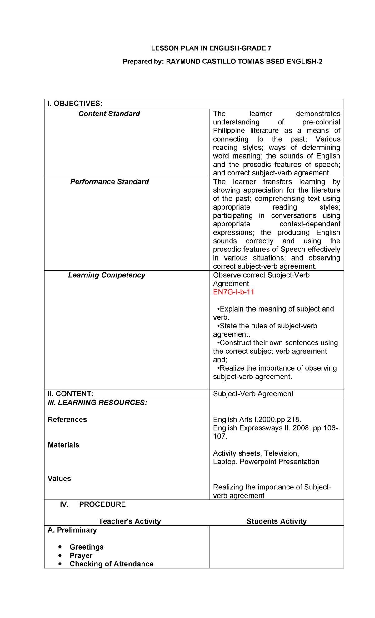 Subject-VERB Agreement- Lesson-PLAN 7 - LESSON PLAN IN ENGLISH-GRADE 7 ...